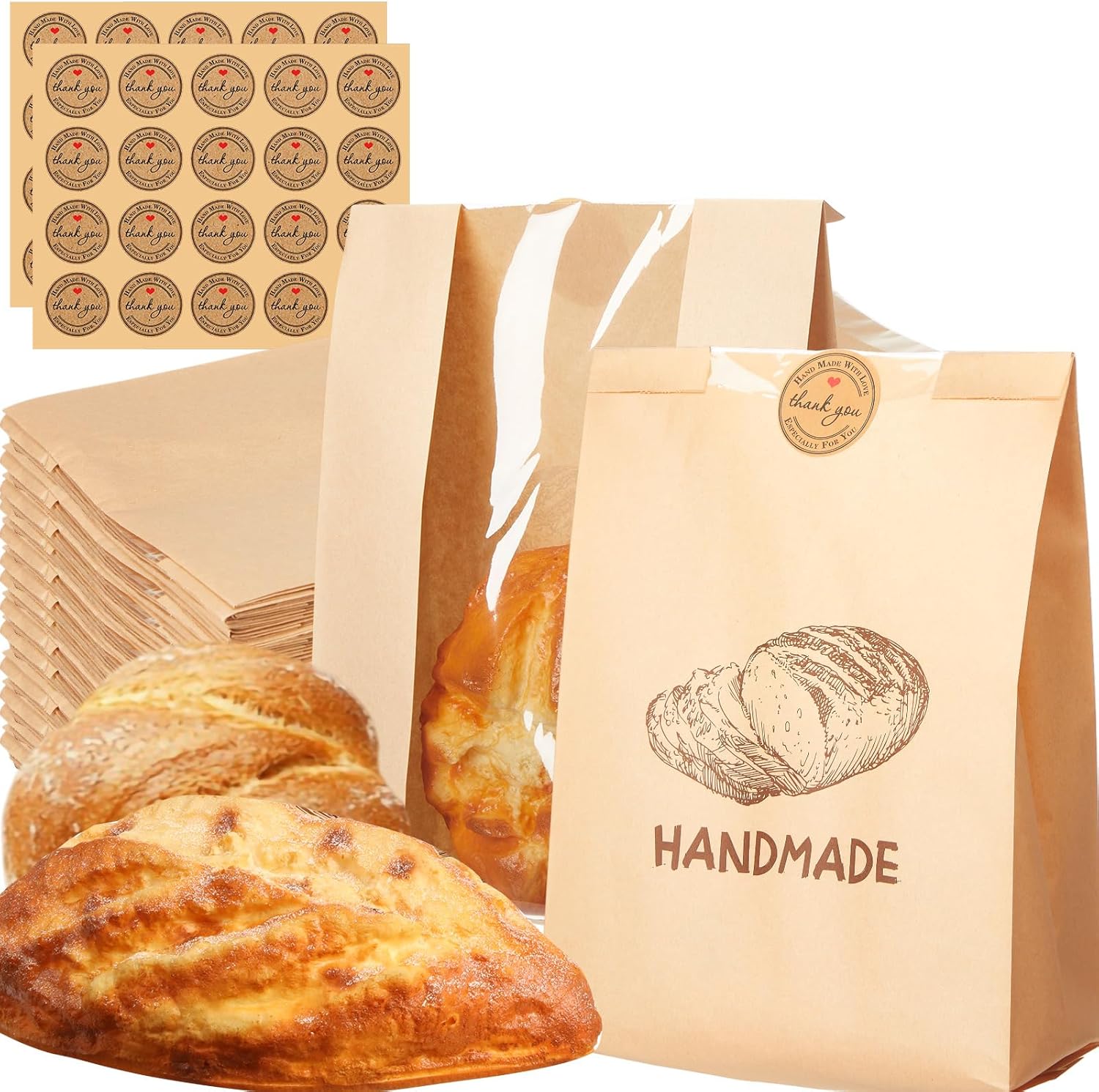 Feifeiya 100 Pack Kraft Paper Bread Bags for Homemade Sourdough Bread with Window & Stickers, 13.7x8.3" Large Bakery Bags for Loaves Greaseproof Food Packaging for Baking Gifts, Brown(Novel Style)