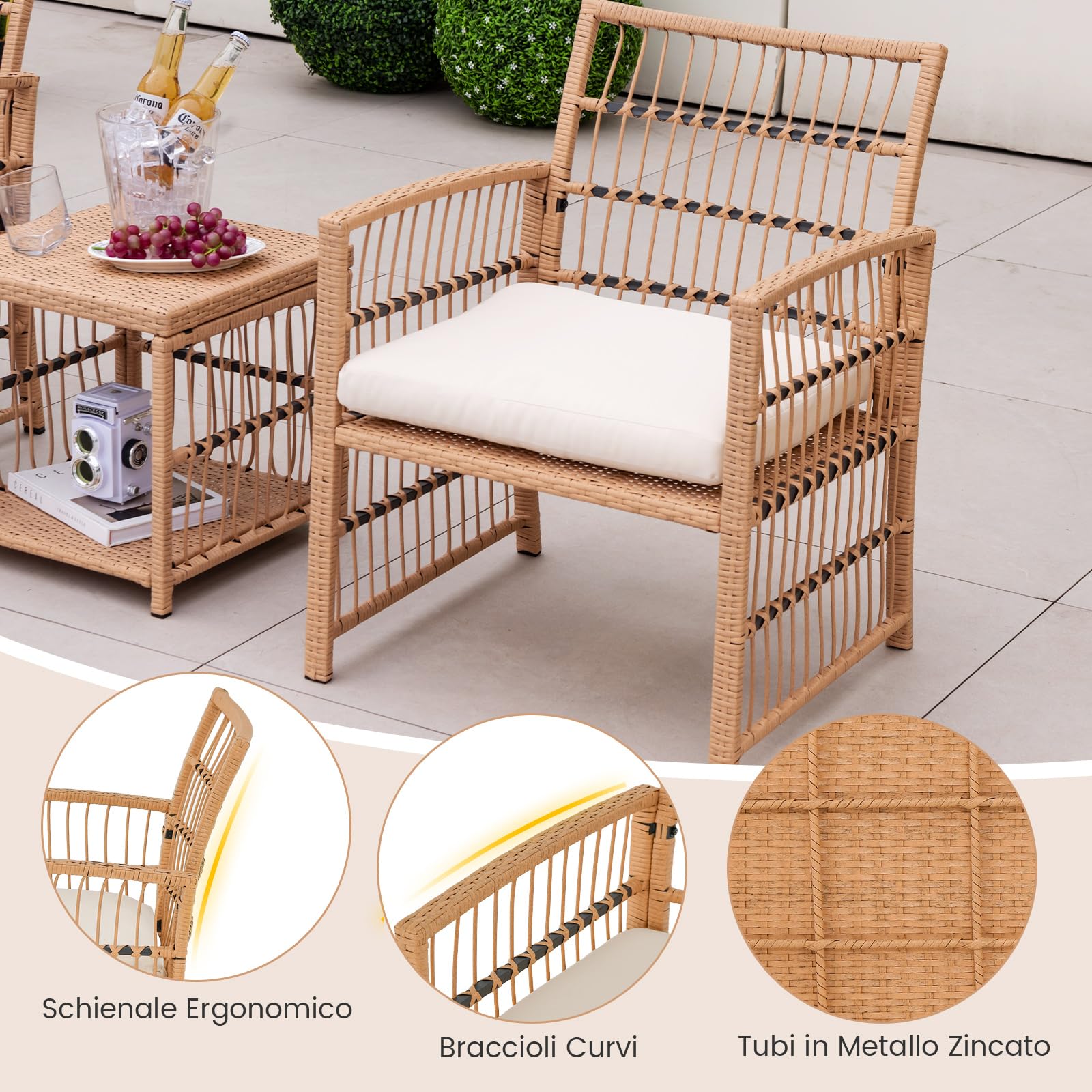COSTWAY Set Salotto da Giardino per 2 Persone, Salottino Esterno in Rattan 5 Pezzi con 2 Poltrone, 1 Tavolino, 2 Pouf e Cuscini Imbottiti, Set da Giardino per Balcone e Terrazza