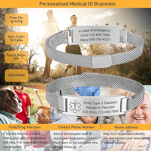 Miniatura 10 de VNOX Pulsera de identificación de alerta médica para hombres, mujeres y niños, pulsera magnética grabada de acero inoxidable, pulsera de emergencia,