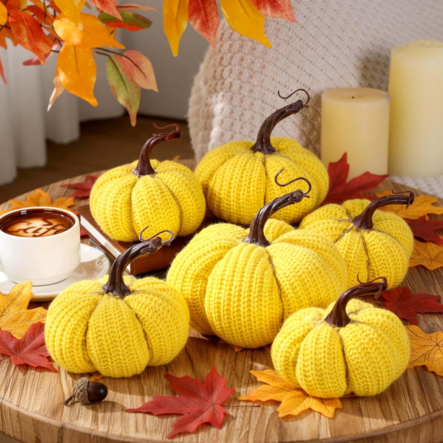 6 Pcs Thanksgiving Decor Yellow Crochet Pumpkins Large 6 Inch Faux Fall Pumpkin Decor for Thanksgiving Farmhouse Autumn Rustic Mantel Table