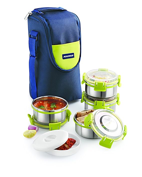 Magnus Lunch Box with Detachable Clip Lock, Leak Proof Containers & Bag, Stainless Steel, 4 Pcs Set