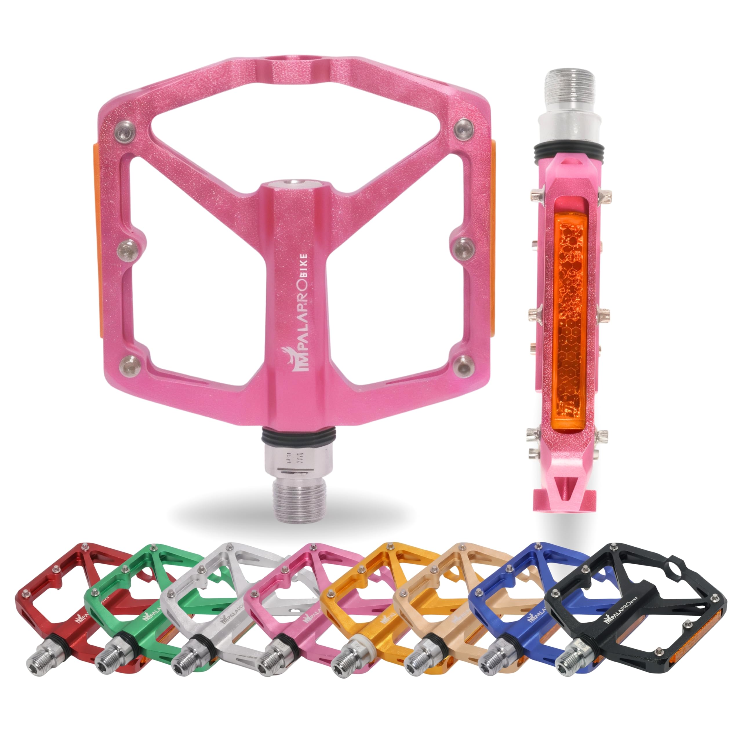 IMPALAPRO Aluminium Platform Bike Pedals with Reflectors – Lightweight Flat Bicycle Pedals 298g, Platform 100×95 mm, 12 Stainless Steel Pins – Mountain Bike Pedals, Gravel & Urban (pink)