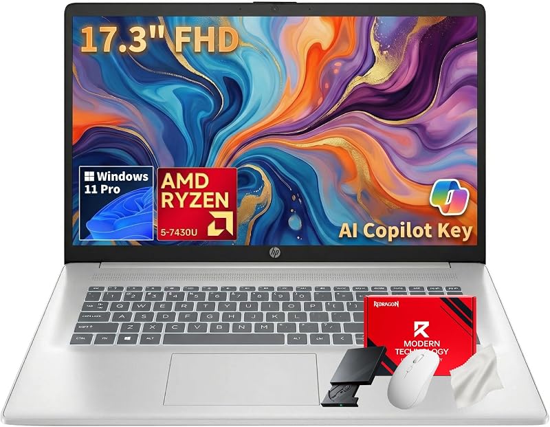HP 17.3" FHD Business Laptop 2026, AMD Ryzen 5 7430U, 20GB RAM 512GB NVMe SSD, w/Redragon Bundle, Anti-Glare Display, Copilot Ready for Business, Full Numeric Keypad, Windows 11 Pro, Silver