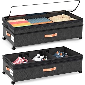 Pack of 2 Underbed Storage Boxes with Wheels (Adjustable Height 18-24 cm), Underbed Storage Box, Bed Box with Wheels, Metal F