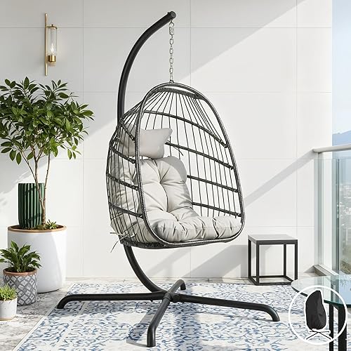 Miniatura 37 de Silla colgante de huevo, de mimbre y ratán, cojines resistentes a los rayos ultravioleta, capacidad de 350 libras, para dormitorio, balcón, patio