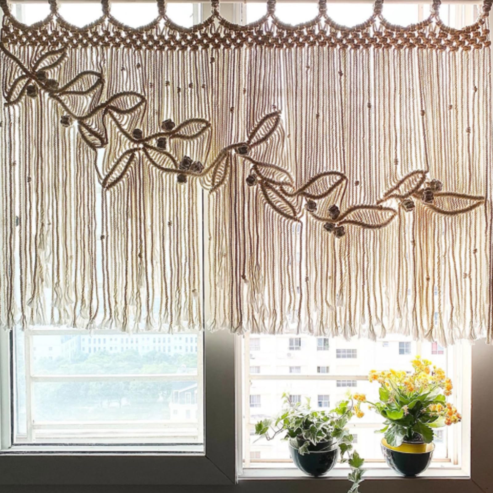 Rideaux en macramé avec perles de bois tissées, tenture murale, rideau de porte court pour une utilisation en extérieur, 100 x 80 cm, motif libellule séparateur de pièce décoratif