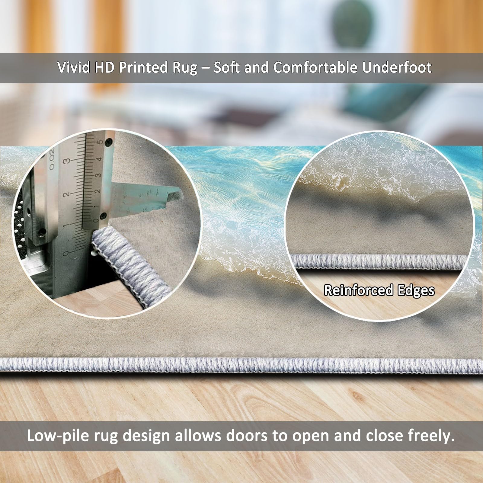 Tapis de Zone Océan Plage Lavable en Machine 80 x 150 cm, Tapis à Faible Poil Antidérapant avec Imprimé Côtier Réaliste Vagues - pour Salon Chambre à Coucher Entrée Bureau à Domicile, Bleu