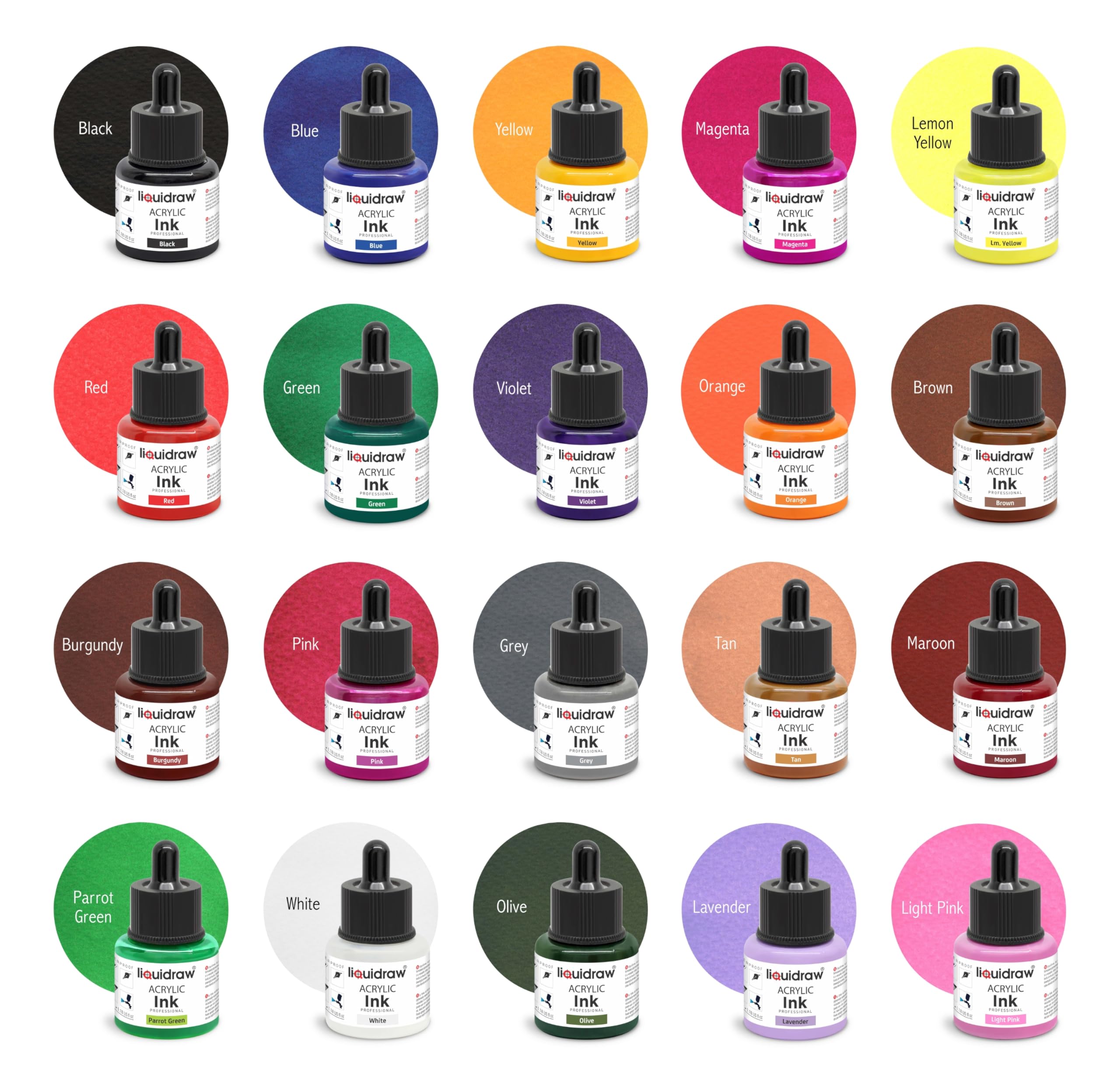 Liquidraw Encre à dessin acrylique – 20 couleurs assorties | Flacons de 35 ml avec compte-gouttes | Convient pour la peinture, l'art, le dessin et le design | Pour les professionnels, les artistes