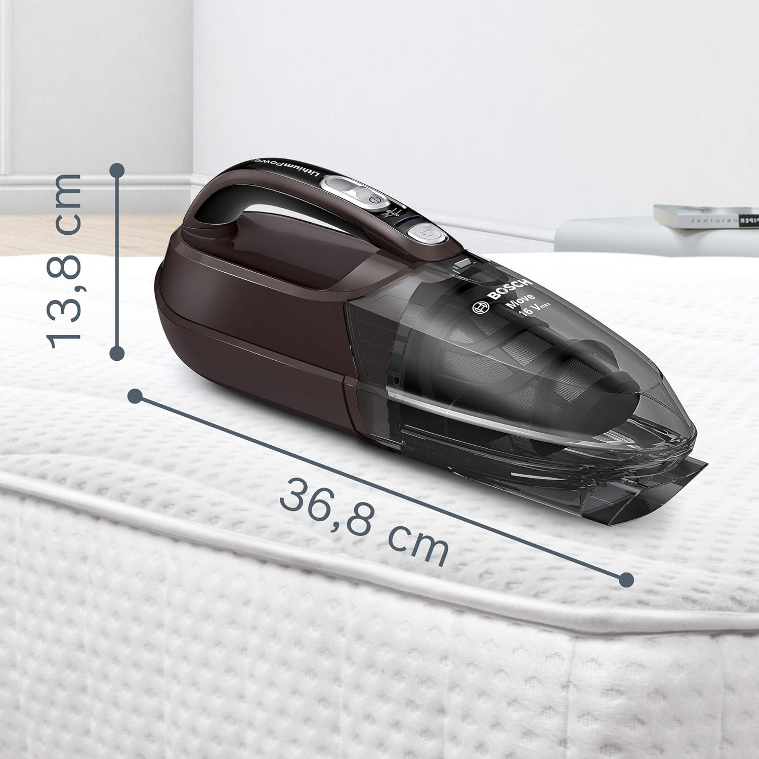 Diagram showing dimensions of Bosch handheld vacuum cleaner