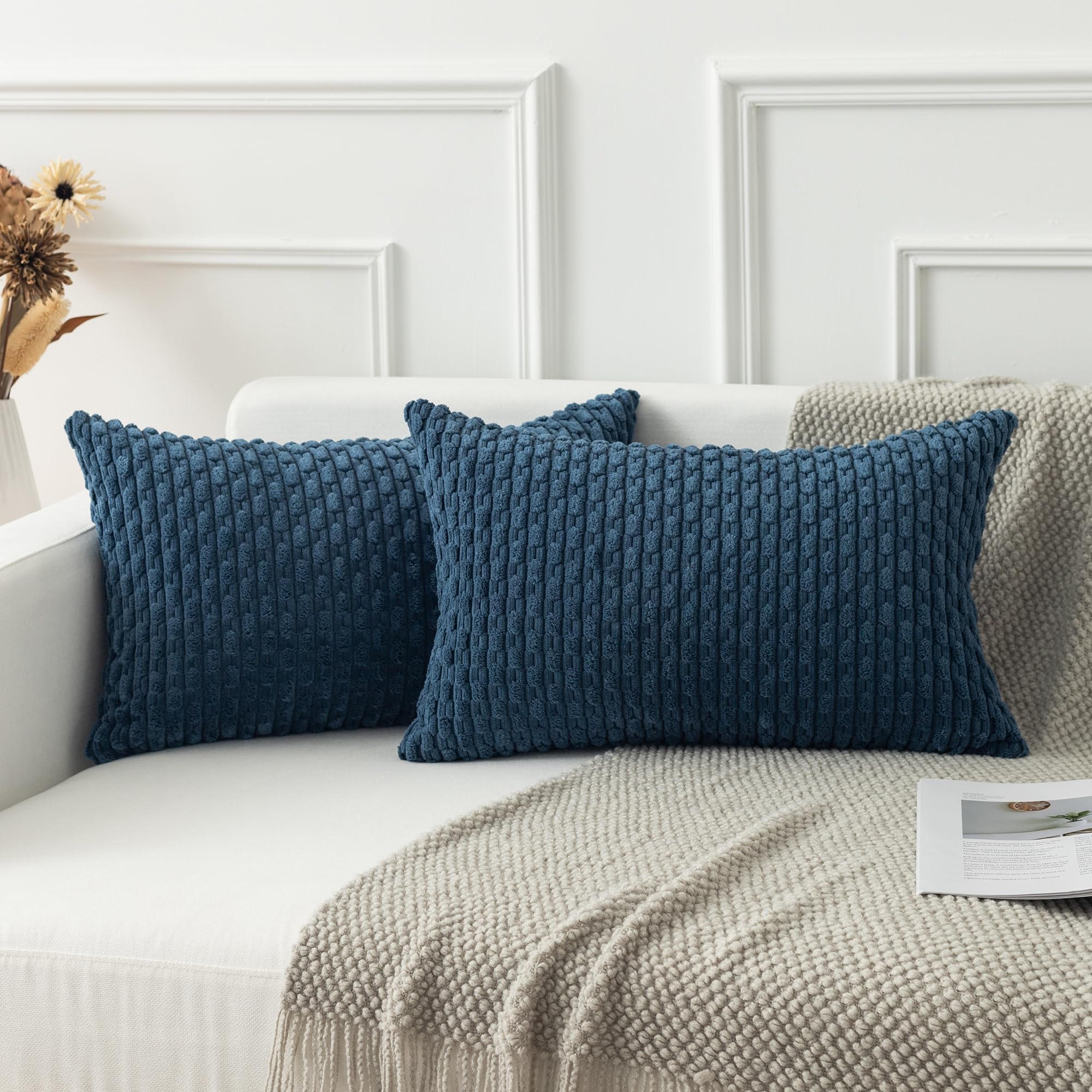 Kevin Textile Boho Cushion Covers 30 x 50 cm Set of 2 Soft Striped Corduroy Decorative Rectangular Lumbar 12x20 Inch Pillowcases with Invisible Zipper for Chair Couch Sofa Bedroom, Dusty Blue