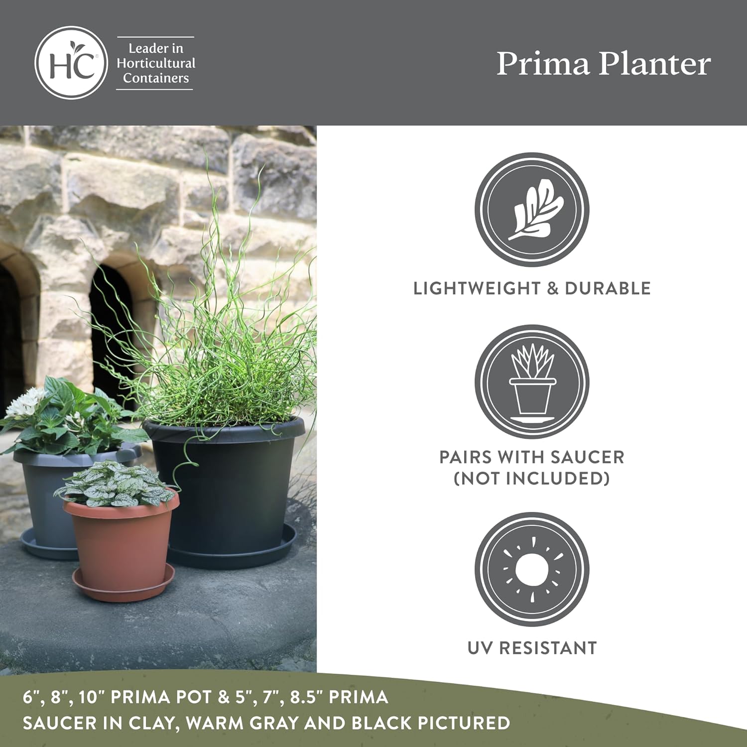 The HC Companies 20 Inch Prima Round Planter Pots with Drainage Holes and Rolled Rim, Lightweight UV-Resistant Plastic Indoor & Outdoor Planters, 2-Pack Flower Pots for Garden & Home Decor, Warm Gray