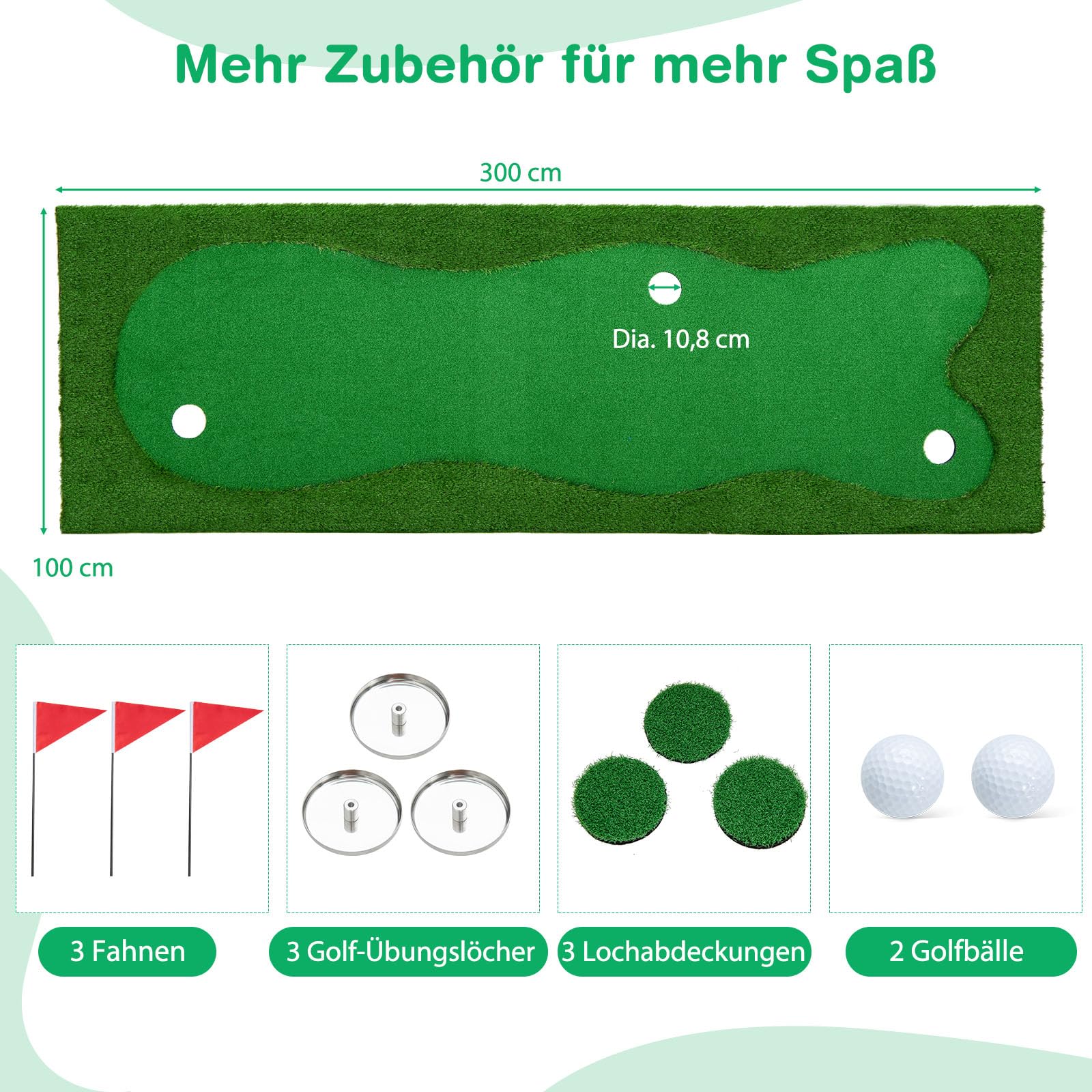 GYMAX Golf Übungsmatte 3 x 1 m, professionelle Golf Trainingsmatte mit 2 Golfbällen, 3 Golfbechern & 3 Löchern, Golfmatte mit 3 Flaggen, Puttingmatte für den Innen- & Außenbereich