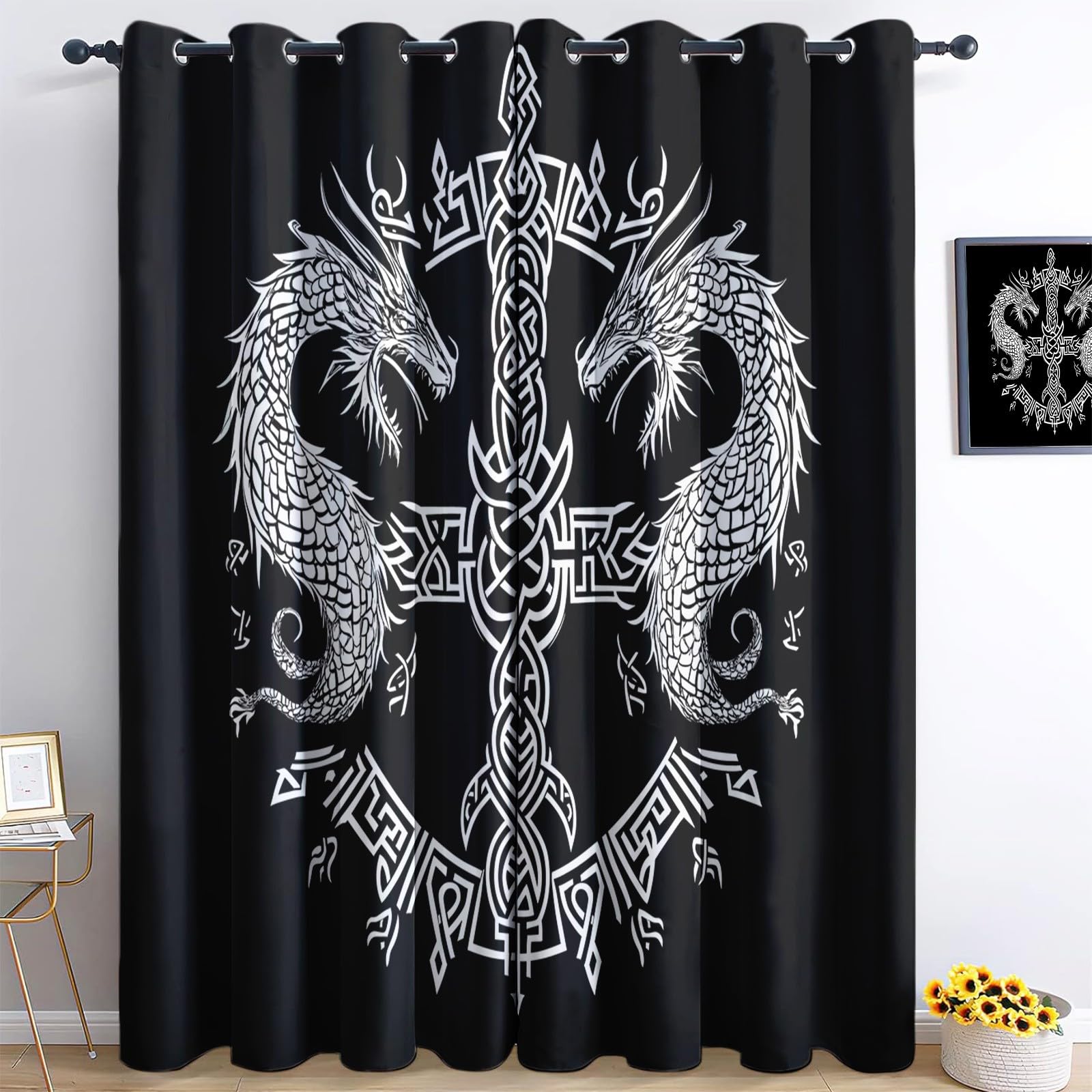 Zasłony Zaciemniające Rune Wikingów Fantasy Smok 117 L x 229 cm (2 panele) Biały Czarny, Izolowana Termoizolacyjna Miękka Zasłona Z Oczkami, Poliestrowe Zasłony Zaciemniające Drukowane Do Salonu