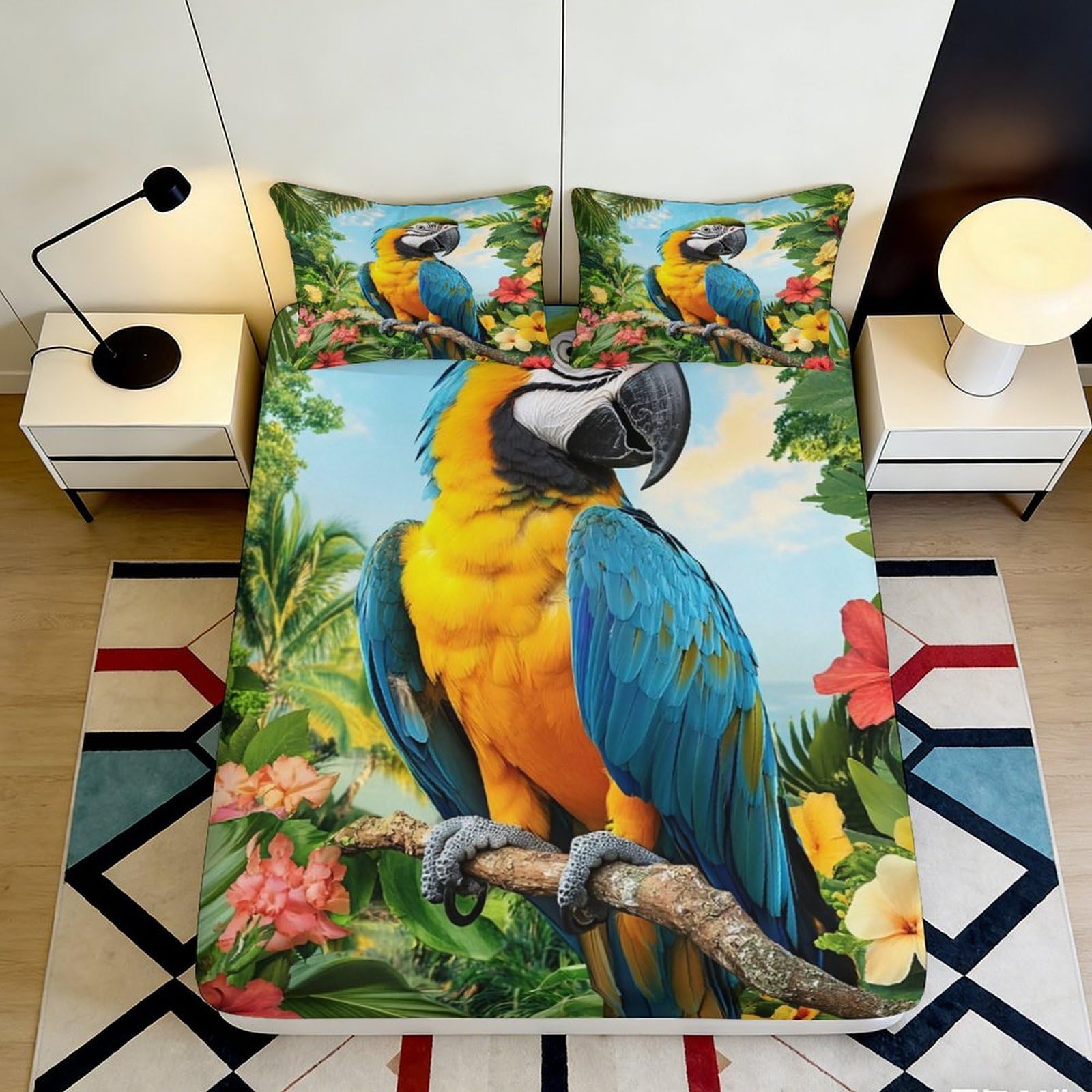 3D Printed Tropical Parrot Fitted Sheet Microfiber Soft Vibrant Jungle Flowers Mattress Cover Bedroom Dorm Decor 180x200x25cm
