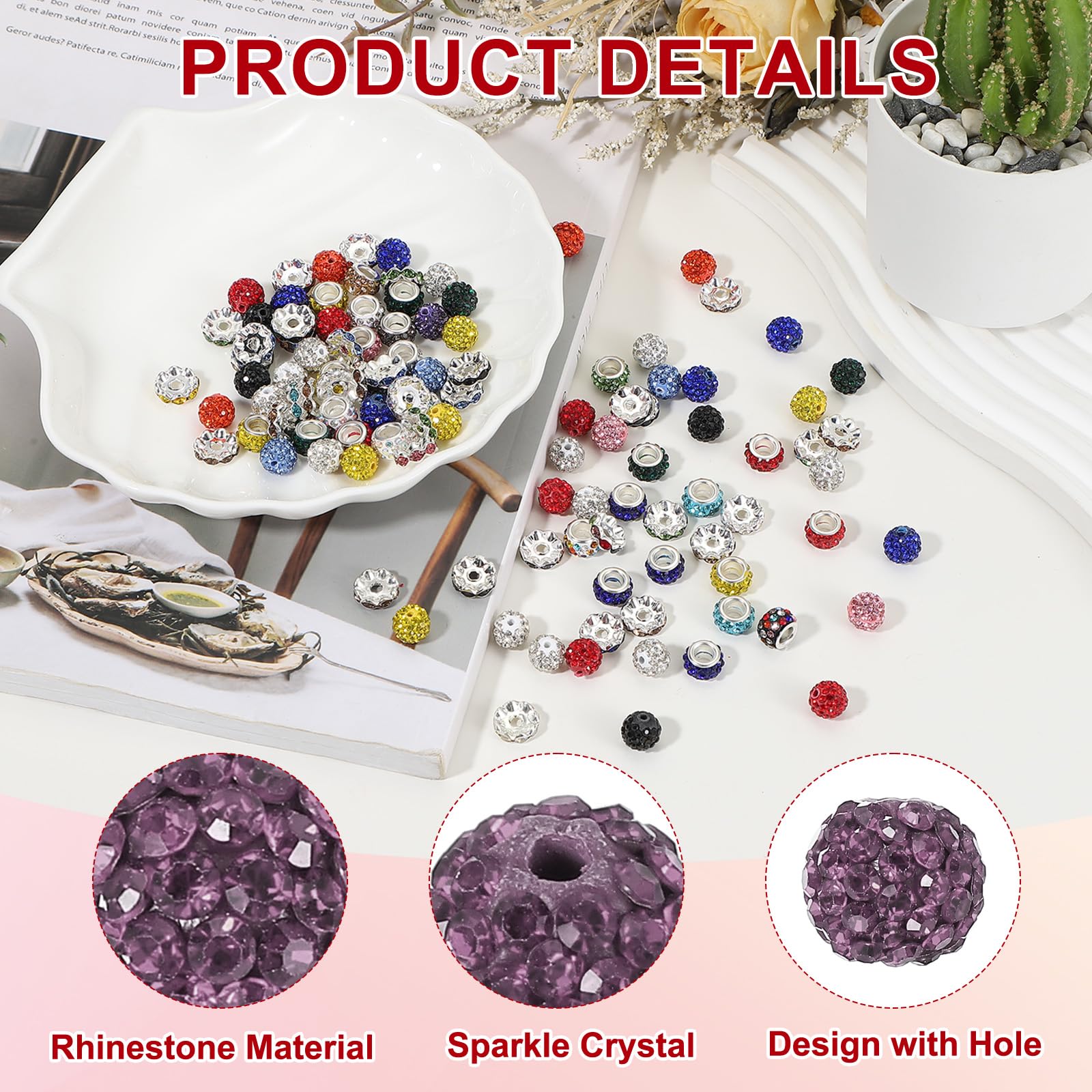 PATIKIL 100 Pcs Rhinestone Beads for Jewelry Making 10mm Shiny Round Disco Ball Beads Sparkle Crystal Clay Spacer with Hole for Bracelet Necklace DIY Crafting Light Purple - Image 3