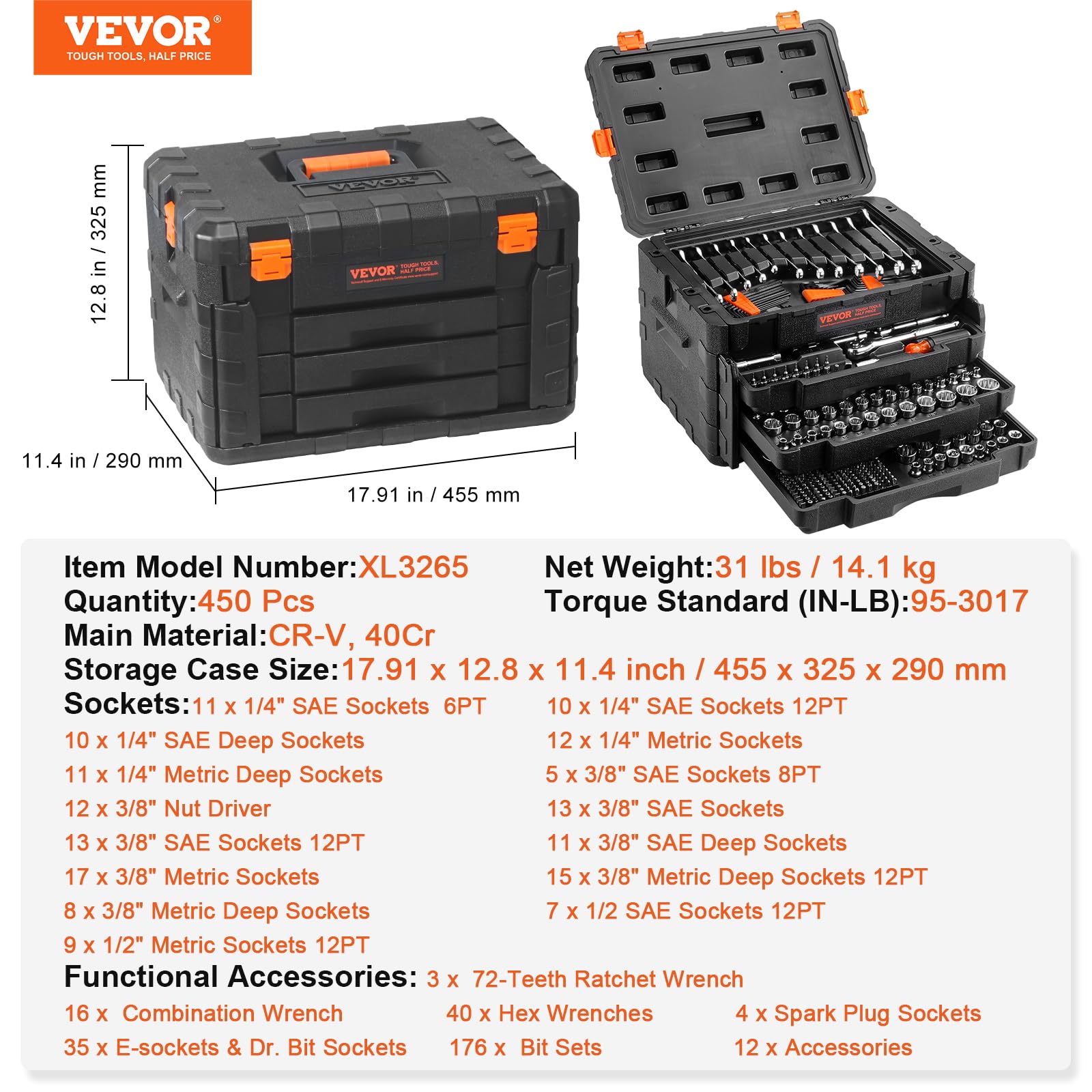 VEVOR Mechanics Tool Set and Socket Set, 1/4" 3/8" 1/2" Drive Deep and Standard Sockets, 450 Pcs SAE and Metric Mechanic Tool Kit with Bits, Combination Wrench, Hex Wrenches, Accessories, Storage Case