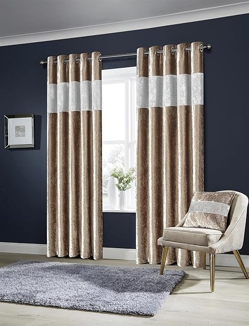 Olivia Rocco Diamante Crushed Velvet Curtains Fully Lined Ring Top Eyelet Curtain Pair Window Treatment Living Room Bedroom, Champagne 66"x72"