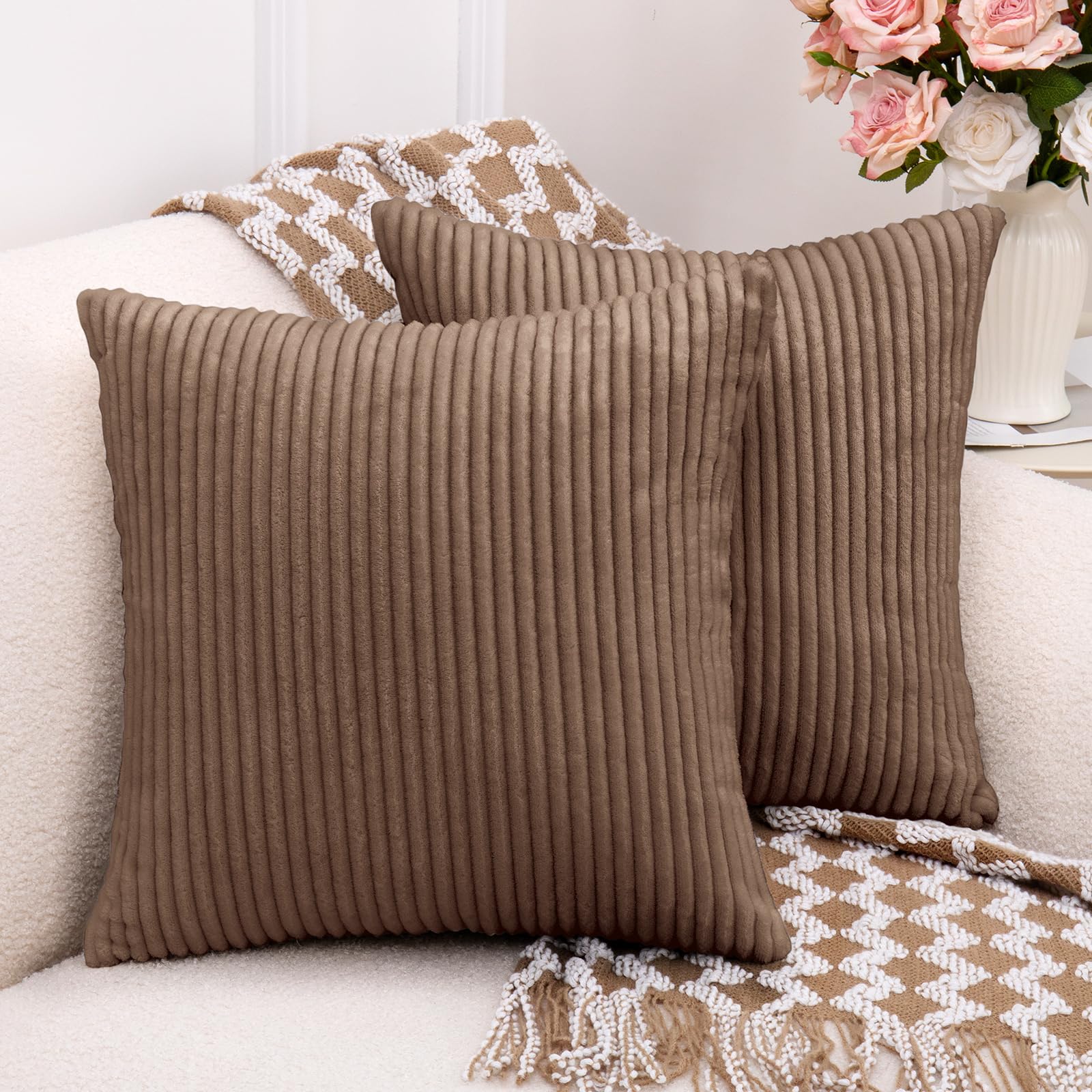 TaiBest Corduroy Throw Pillows Set of 2 with Inserts (Brown, 45x45cm)