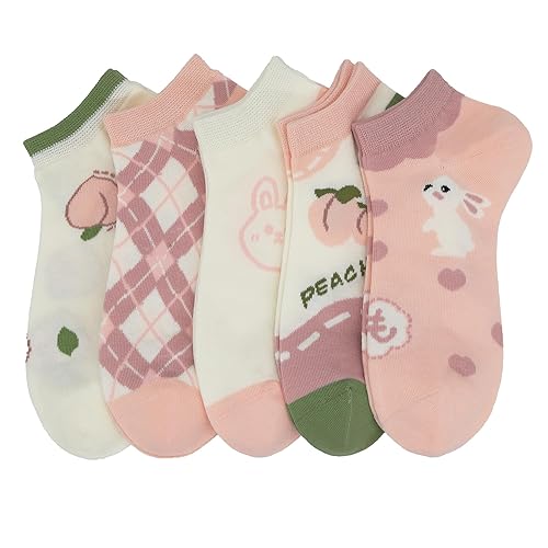 DIYBIRD Thin Cute Girls Ankle Viscose Bamboo Cotton Socks Women Fun Patterned Design Breathable Lovely 5 Pairs - 5-9 - Bunny/Pink3