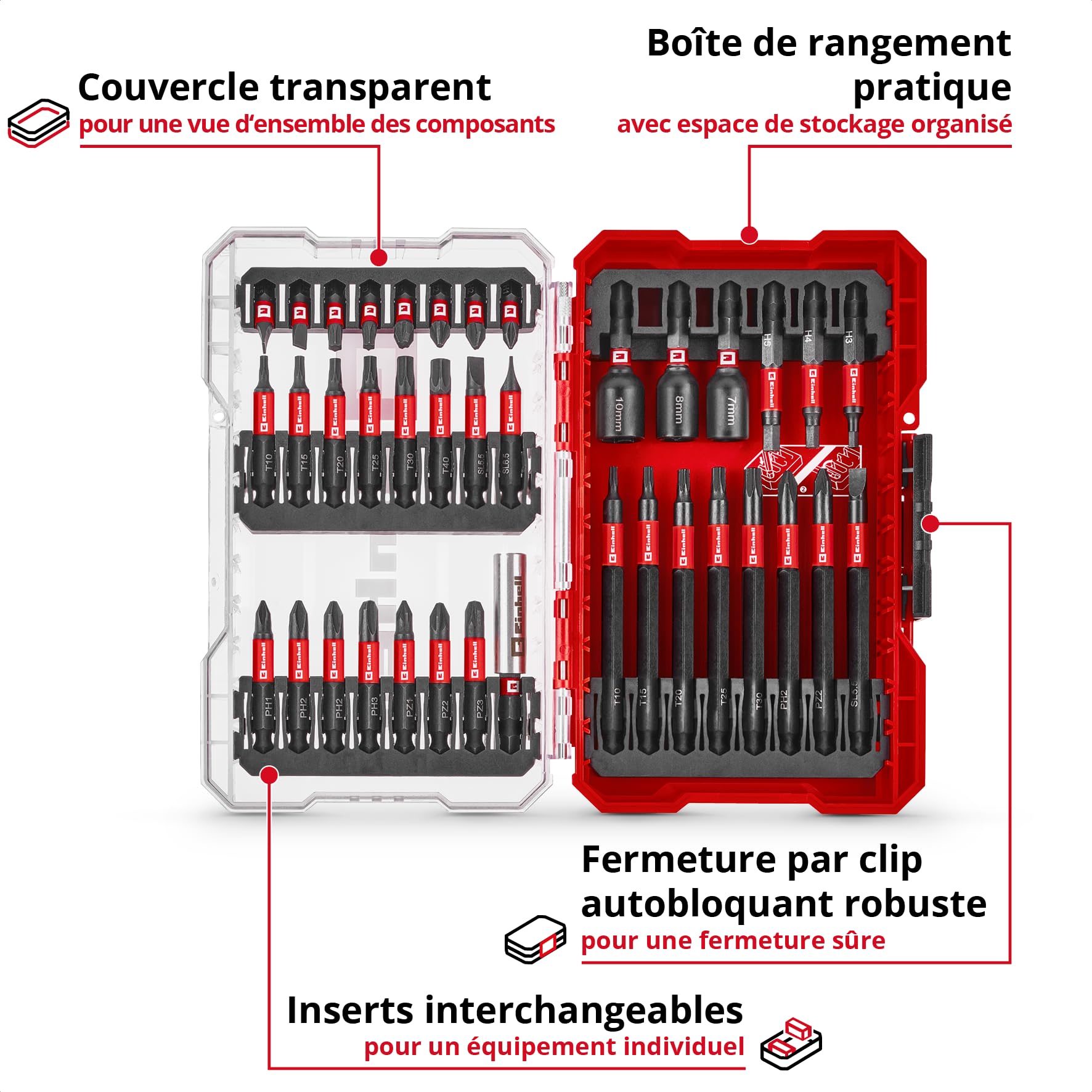 Einhell M-CASE 38 pièces impact-Bit Set 25 mm 50 mm 90 mm douilles 6 pans porte-embout 60 mm boîte rangement