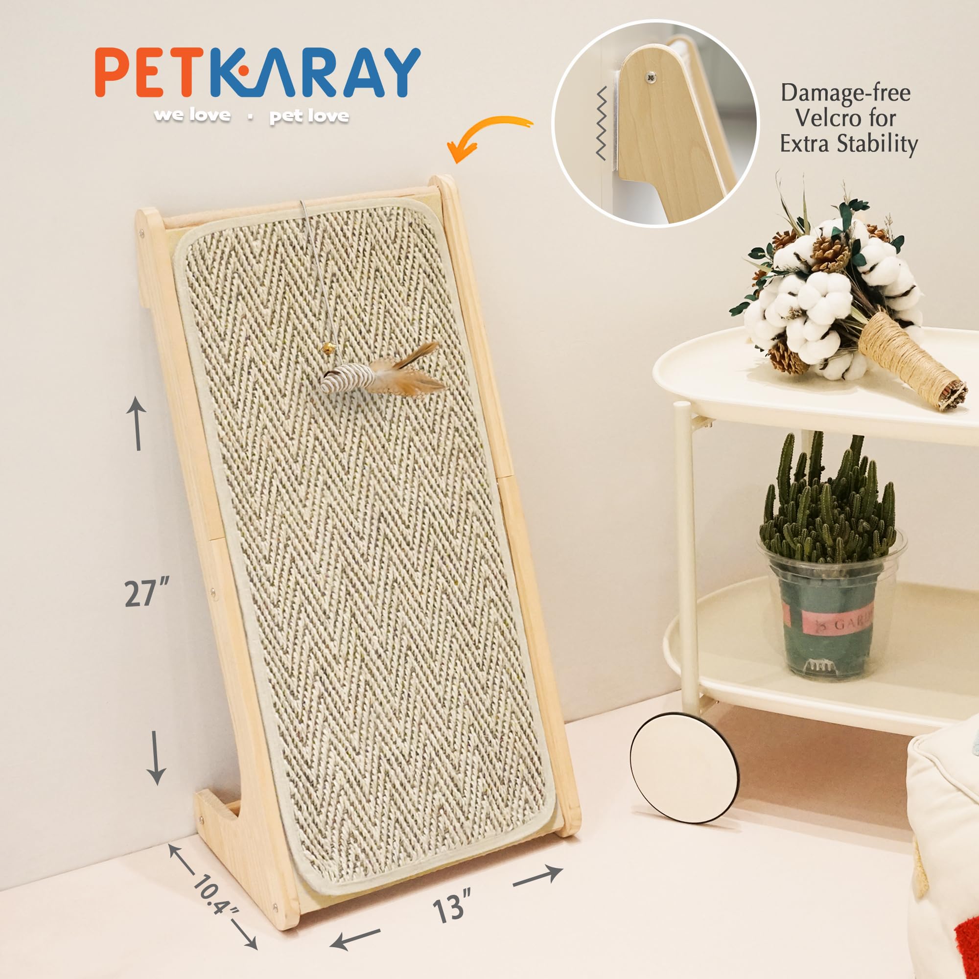 PETKARAY Drapak dla kota, sizalowa rampa do drapania, podkładka do drapania w kształcie litery L dla kotów domowych, ochraniacz na meble ścienne, 68 cm, z zabawką myszką
