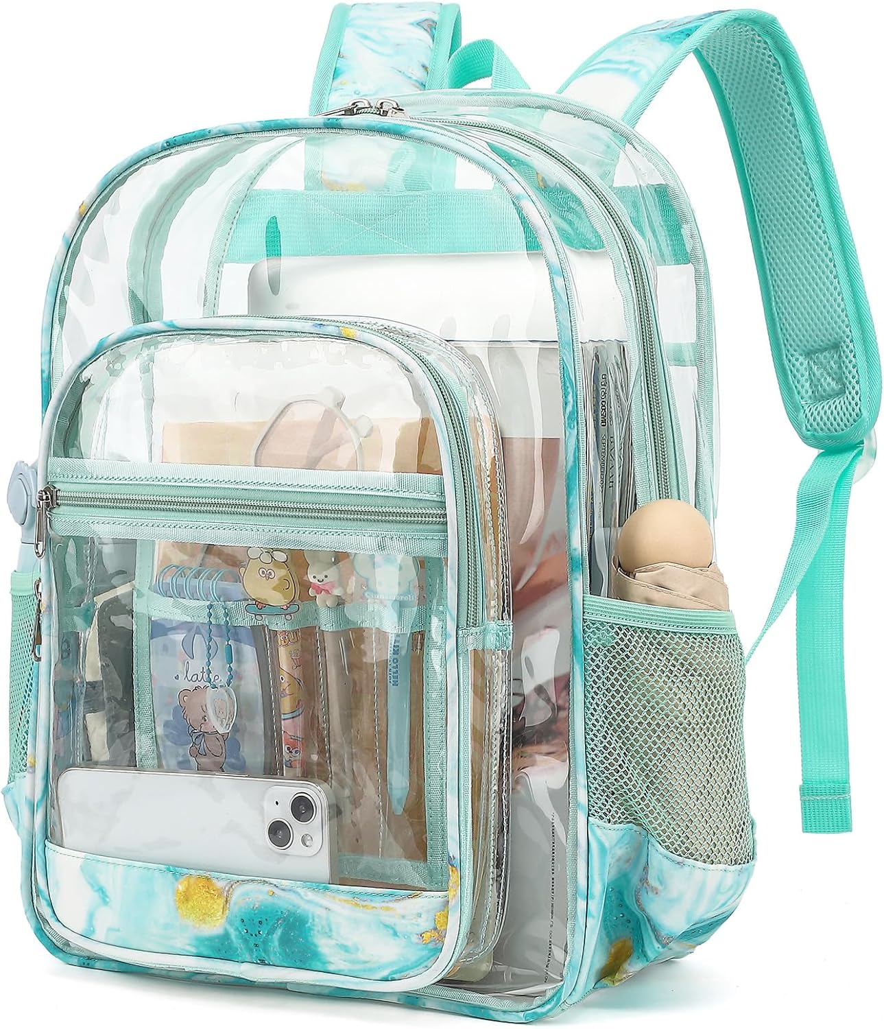 Dezcrab Clear Backpack for School Girls Boys, Heavy Duty Transparent Backpack Kids See-Through Clear Bookbag (Marble Green)