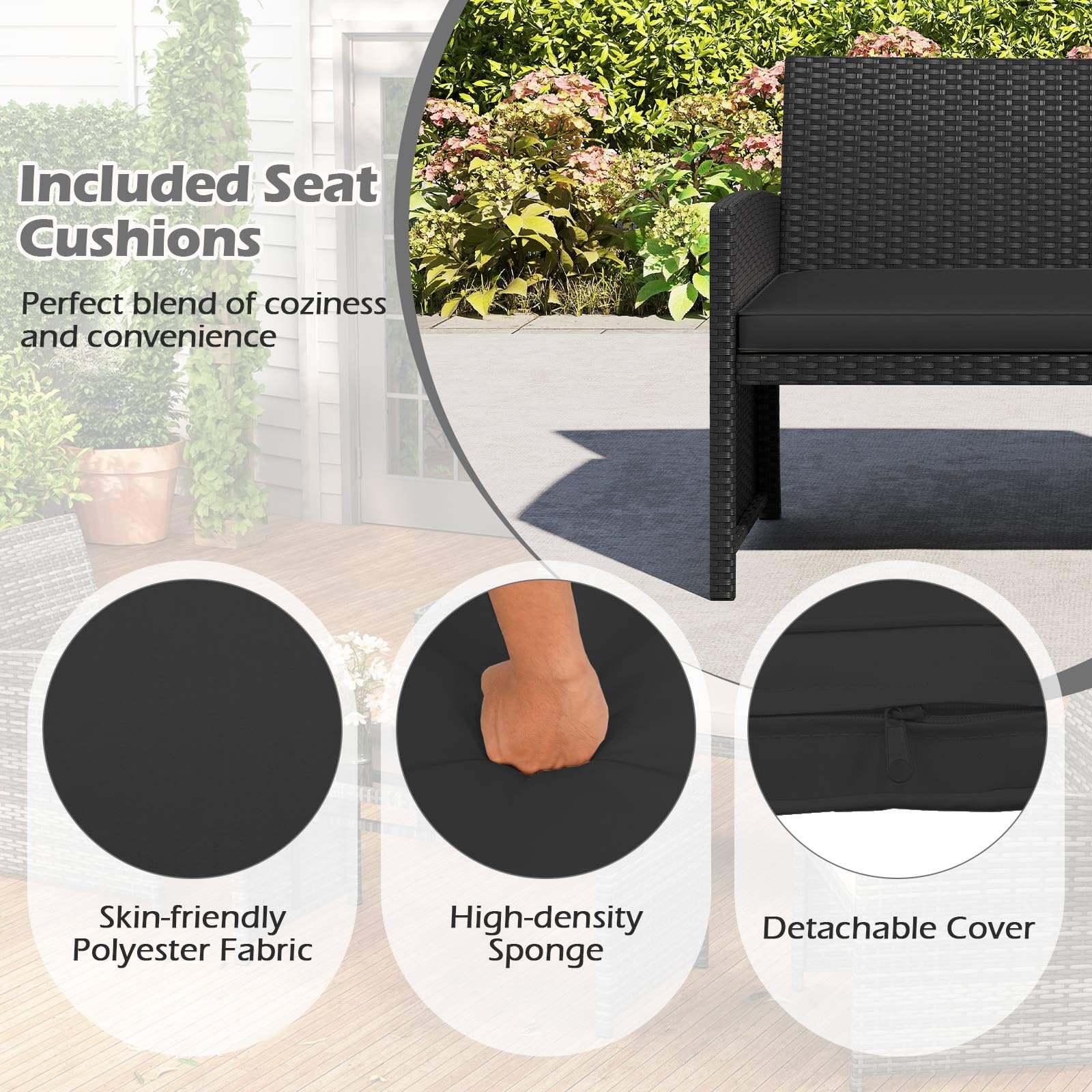 GIANTEX Set Salotto Esterno 4 Pezzi in Rattan PE, Divano 2 Posti + 2 Poltrone + Tavolo Basso con Piano in Vetro, Arredamento da Giardino per Terrazza e Patio, Nero