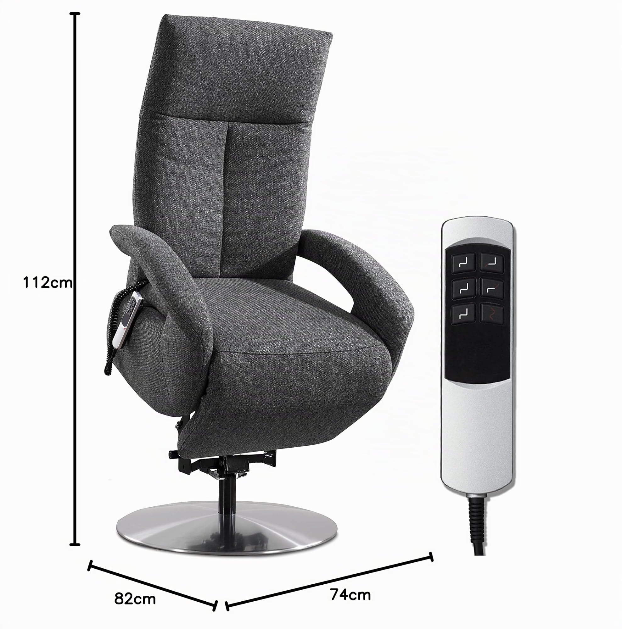 CAVADORE TV-Sessel Tirol / Fernsehsessel mit Aufstehhilfe, elektrisch verstellbarer Relaxfunktion / 2 E-Motoren / 74 x 112 x 82 / Strukturstoff: Grau