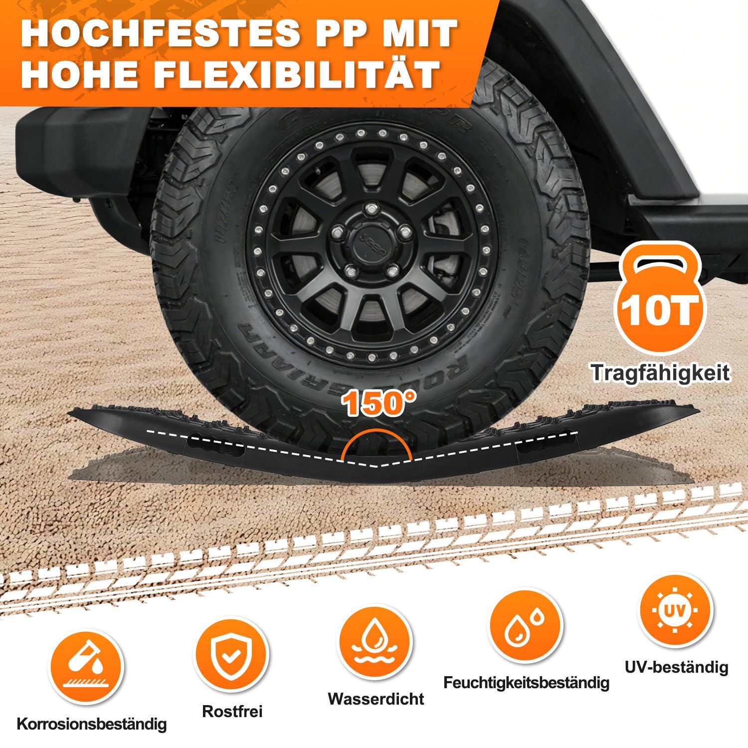 Fiqops 2x Anfahrhilfe mit Aufbewahrungstasche und Installationstool, Traktionsmatte Kunstoff Recovery Board Tracks,Reifenleiter für Sand/Schlamm/Schnee,10T Last für Geländewagen Wohnmobil PKW LKW