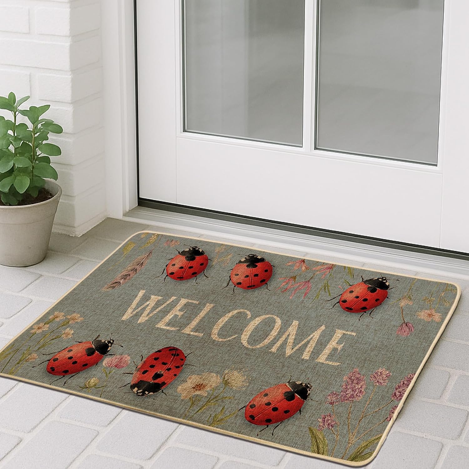 Ladybug Welcome Doormat, Red Insect Floor Mat for Spring Indoor & Outdoor Entryway Decor, Non-Slip Rubber Dust-Absorbent Front Mat, Easy to Clean 29x17 Inch
