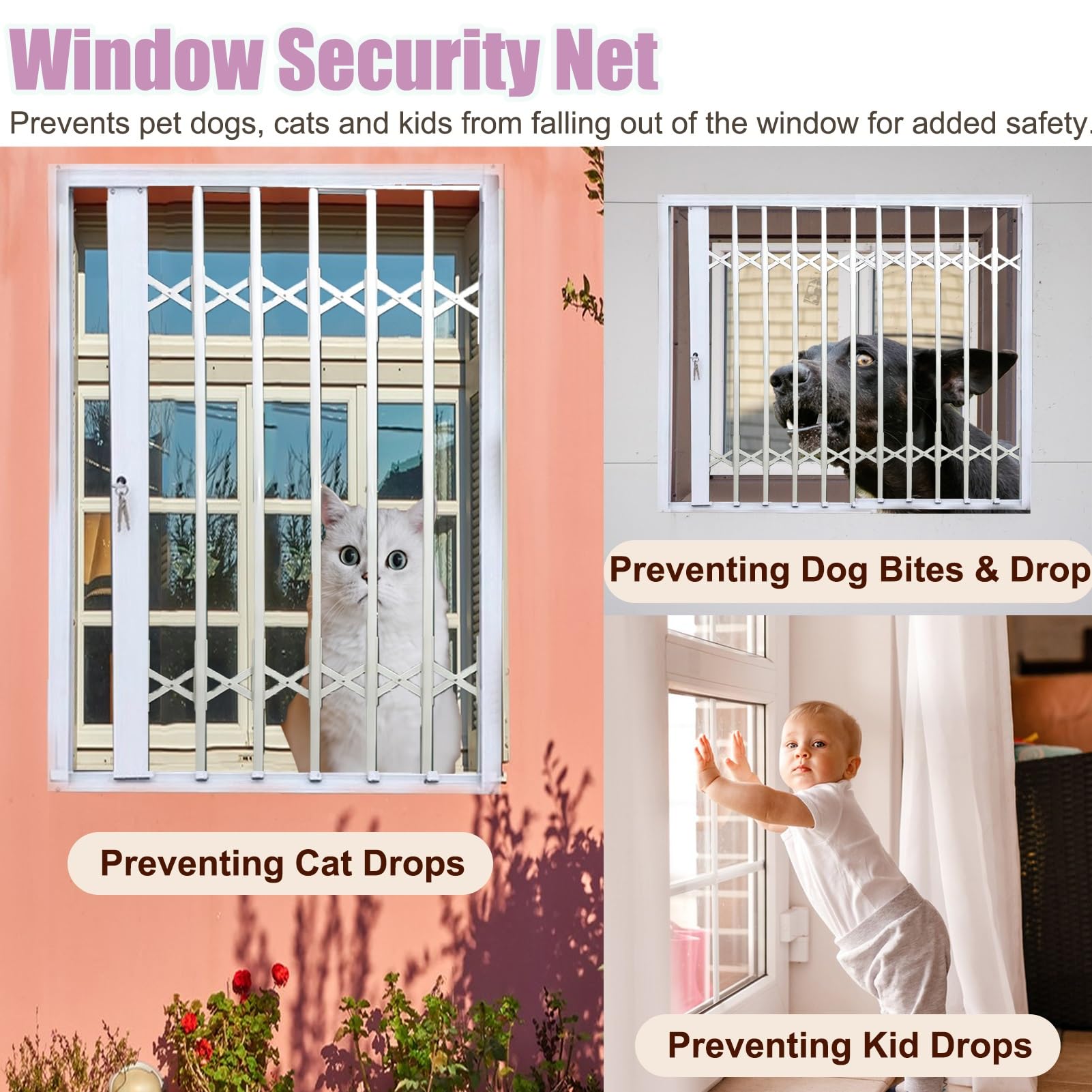 Barras de seguridad ajustables para ventana, parrilla de acordeón plegable para seguridad en el hogar, protección antirrobo extensible para 81 x 71 cm (ancho x alto)