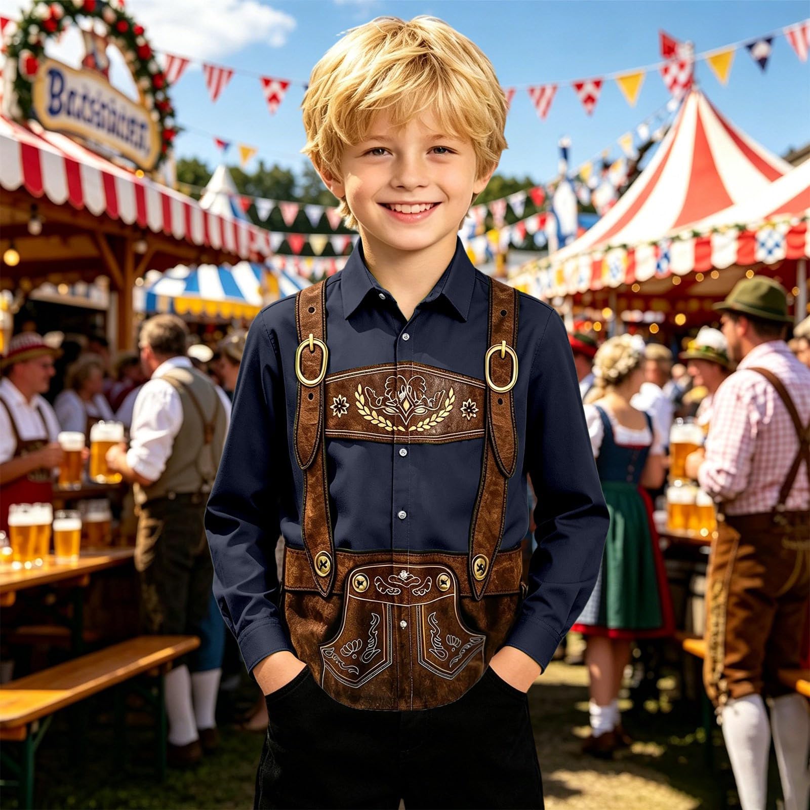 2026 Oktoberfest Hemd Jungen, Jungenhemd Druck Langarm Trachten Shirt Jungen Button Lässig Bequemes Wiesn Outfit Bequemes Alltagshemd Atmungsaktivem