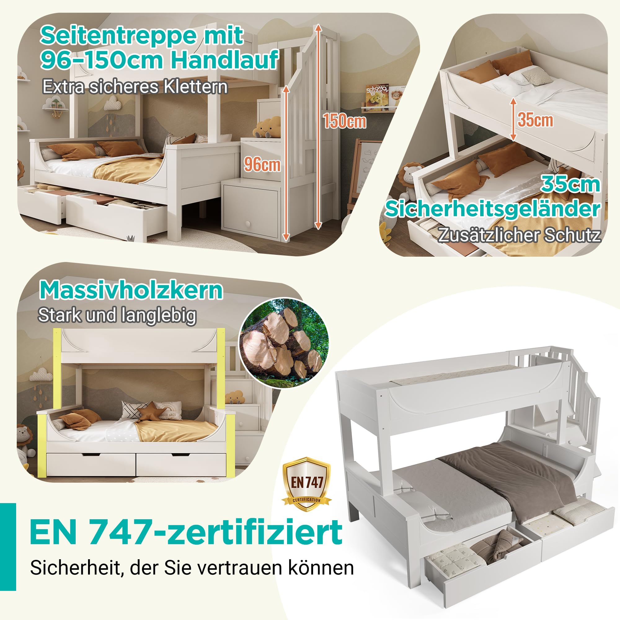 Merax Lit superposé pour enfant avec armoire échelle et tiroirs, lit mezzanine en bois peu encombrant pour 3 enfants, 90 x 200 et 140 x 200 cm, avec protection anti-chute et sommier à lattes, blanc