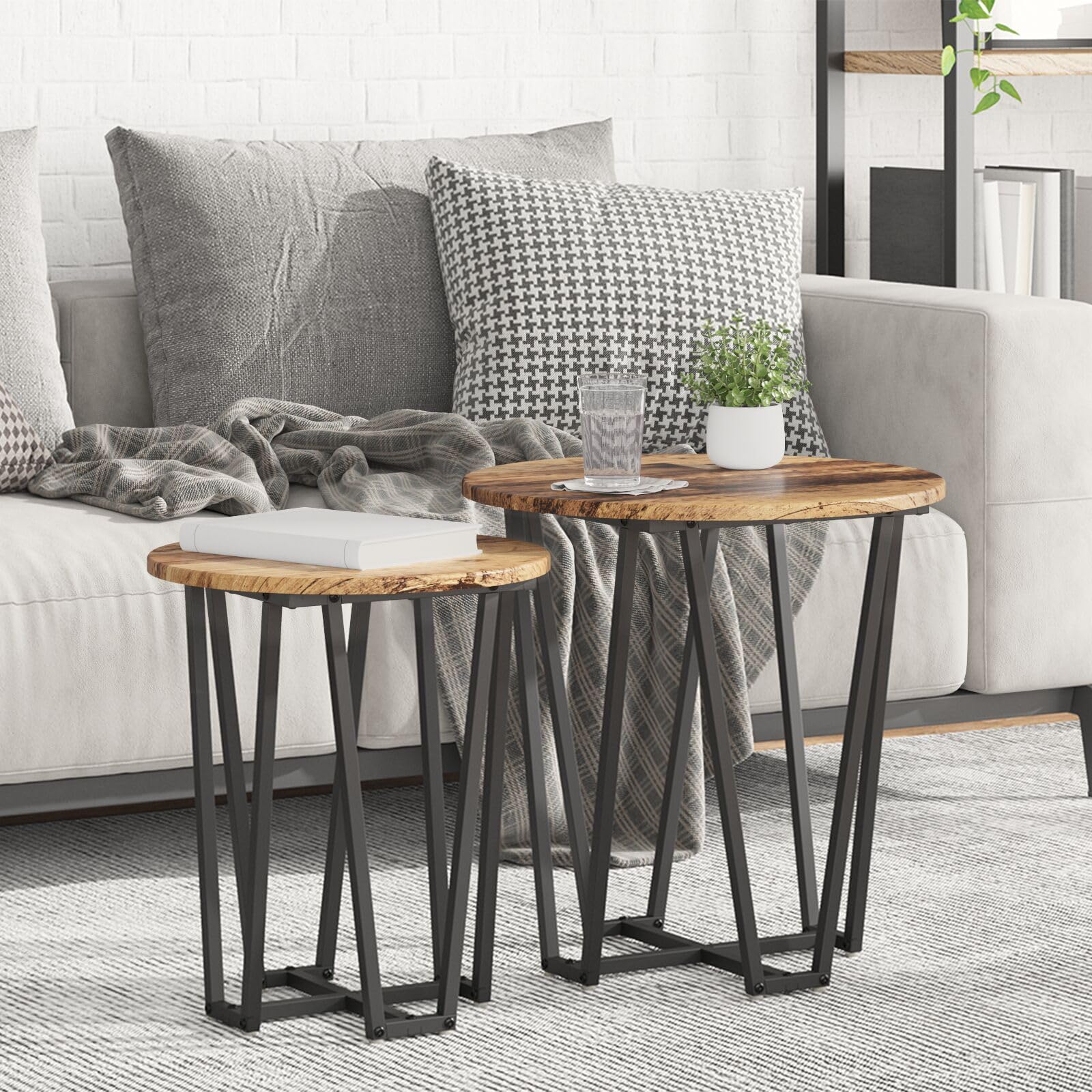 SXZenSpace 869724 Side Table Set - 2 Pieces,Rustic Wood Look,Metal Base Modern Nightstand End for Home Bedroom Living Room Easy Assembly Hallway Coffee