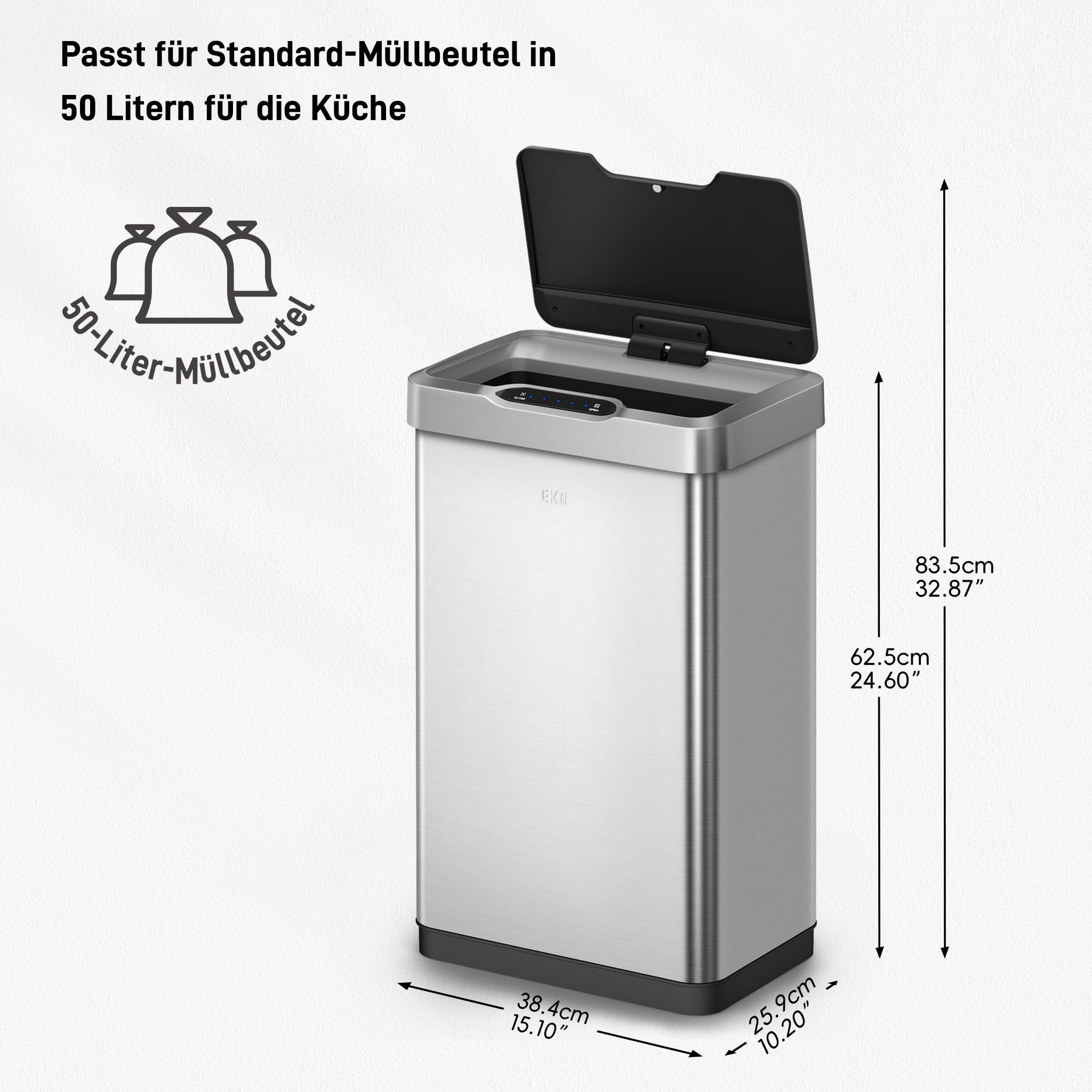 EKO Mirage-T 50L Mülleimer mit Sensor, Automatischer Abfalleimer für die Küche, Rechteckiger Bewegungssensor Mülleimer, Sanft Schließend mit Deckel, Fingerabdruckresistente, Gebürsteter Edelstahl