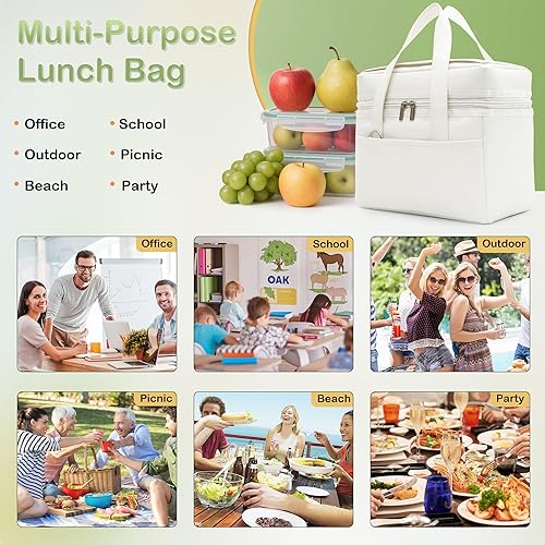Miniatura 5 de Lonchera para mujeres y hombres, bolsa de almuerzo aislada con bolsillos exteriores e interiores, bolsa térmica de material impermeable con correa