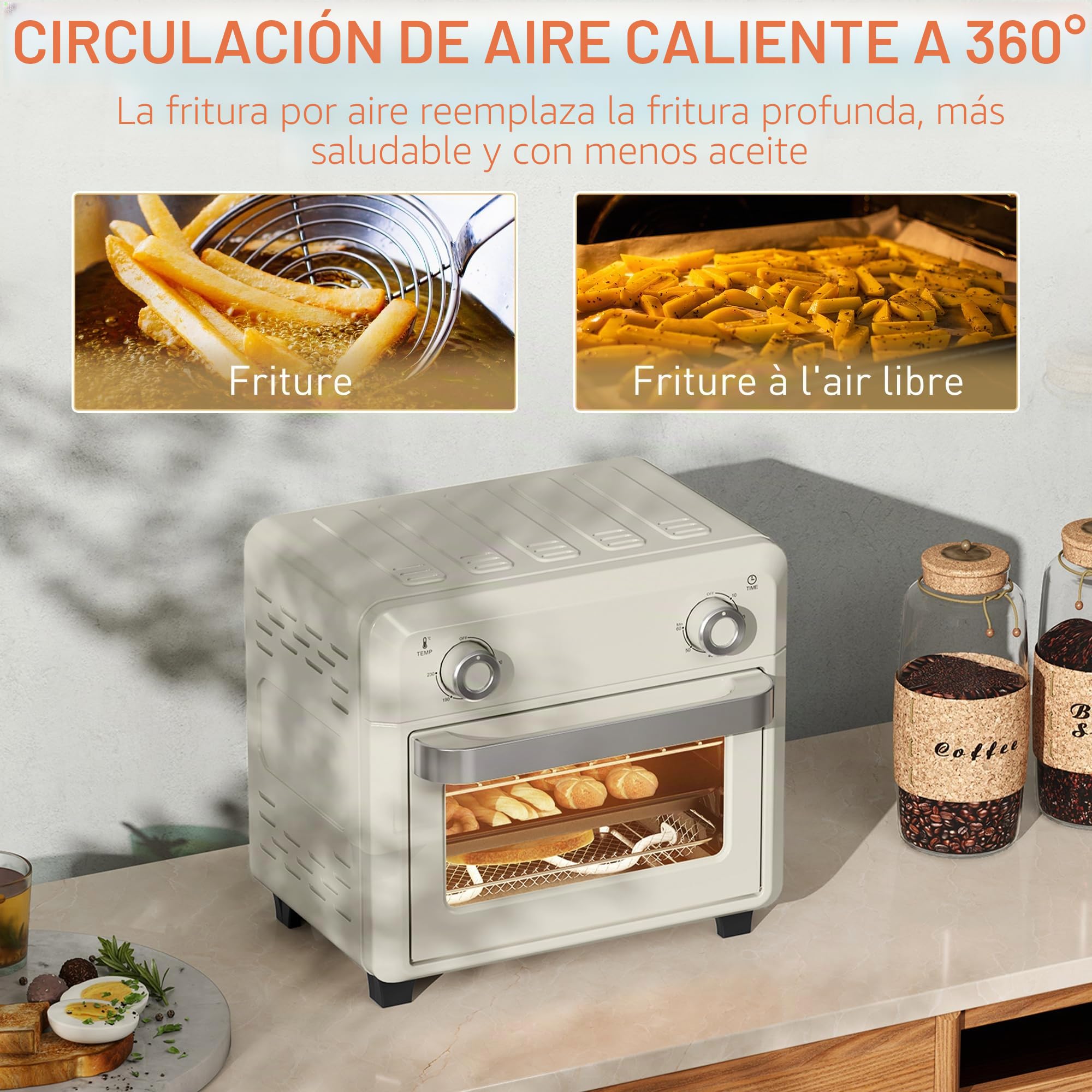 HOMCOM Mini horno con convección 10L Freidora de aire 1000W Blanco crema