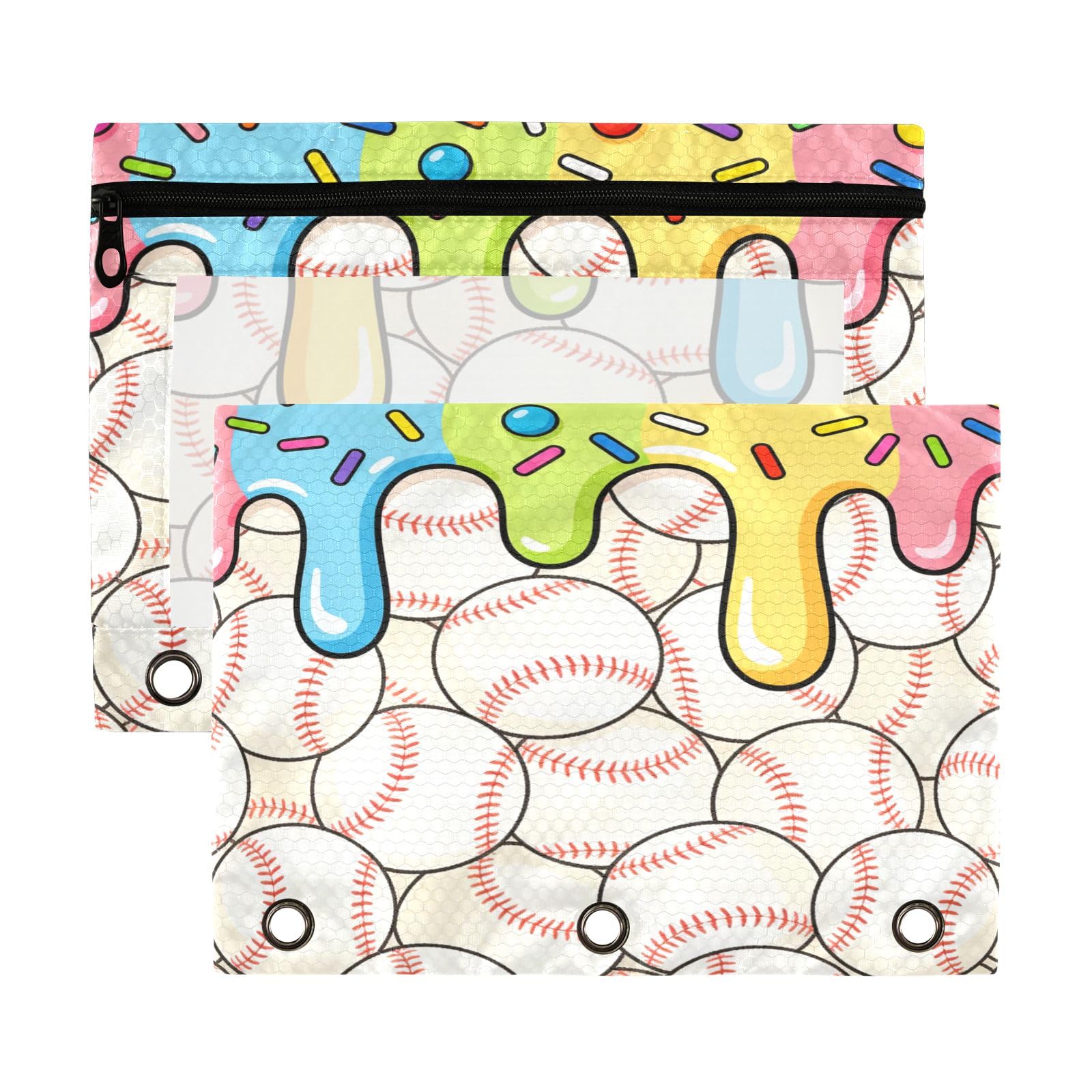 WIFIU Baseball Icing Sprinkles Colorful Pencil Pouch for 3 Ring Binder Pockets Clear Window Pencil Bag with Smooth Zipper Pencil Case for Organization