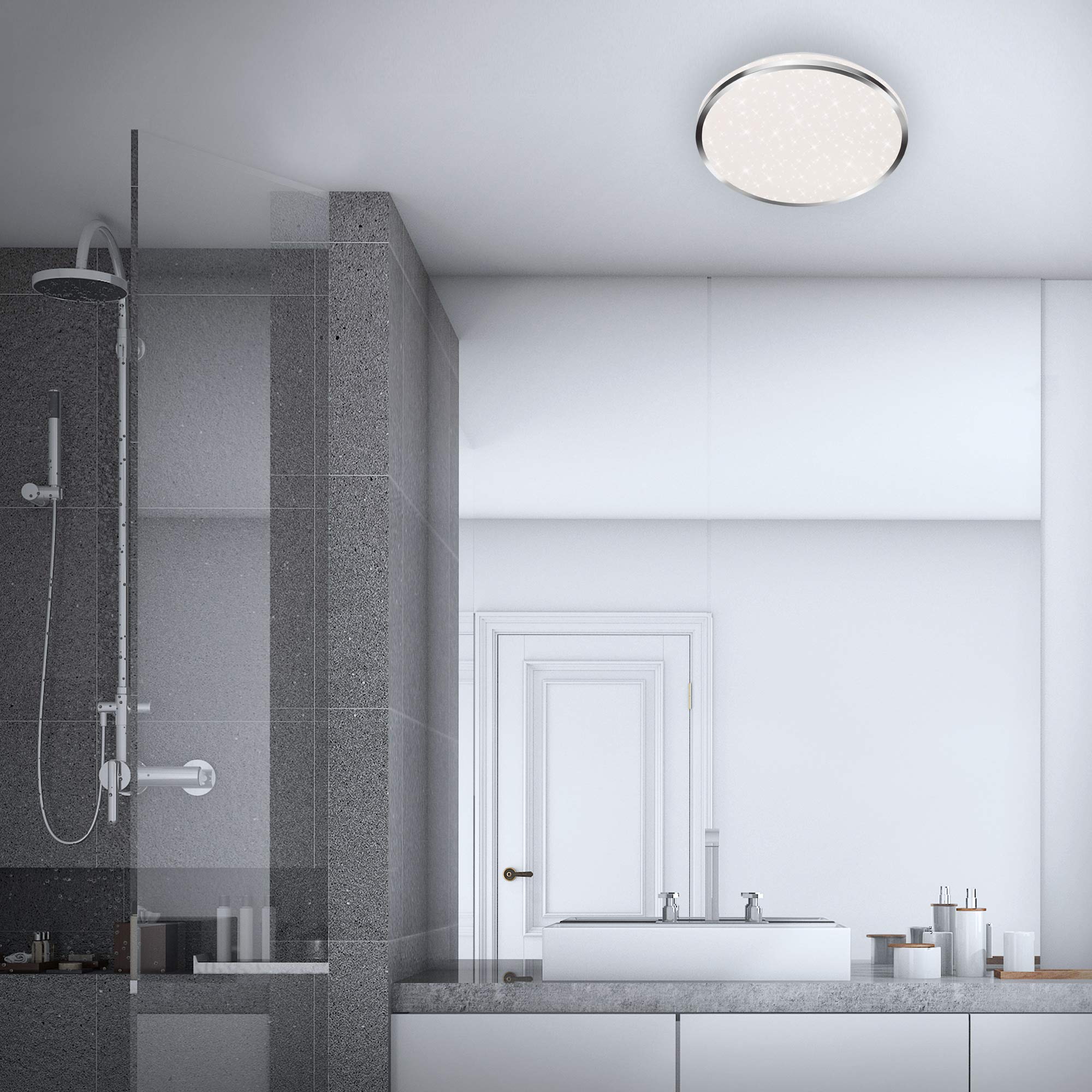 Briloner Leuchten - Luz de techo LED, luz de baño, lámpara de baño con decoración de estrellas, IP44, 12 vatios, 1.200 lúmenes, 4.000 kelvin, blanco cromado, 280x70mm (diámetro x altura)