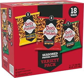 Dot's Homestyle Pretzels Variety Pack: Original, Honey Mustard & Parmesan Garlic, 18x 1oz Bags - Buttery Crunch Snacks