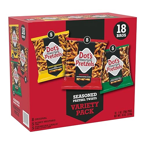 Dot's Homestyle Pretzels Variety Pack, Original, Honey Mustard, and Parmesan Garlic Twist Snack, 1oz Individually Sized Bags (18 Count) - Original, Honey Mustard, Parmesan Garlic Variety Pack - Pack of 18