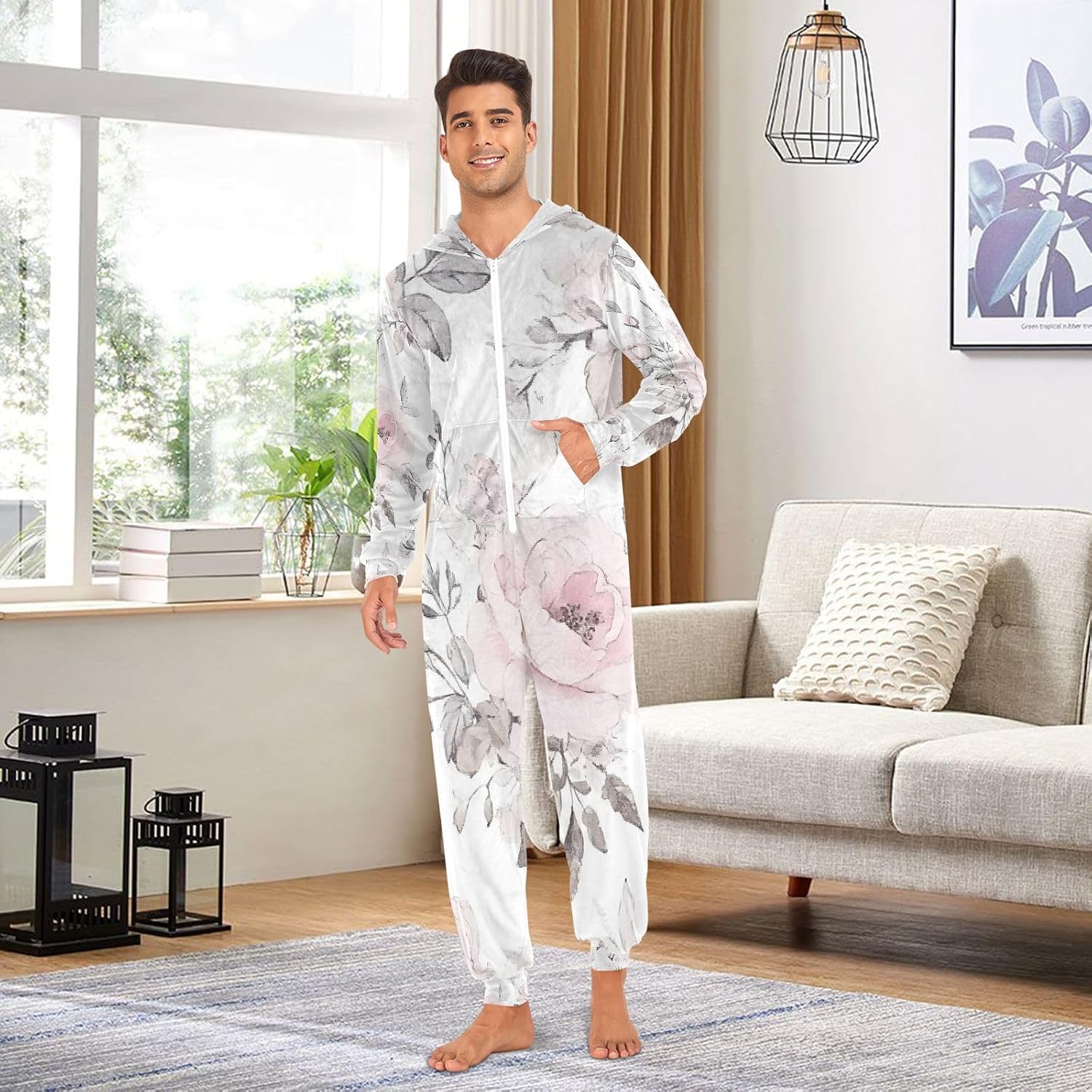 Pink Rose Floral Gray Leaves Adult Onesie Pajamas for Unisex Novelty One Piece Costume Sleepwear