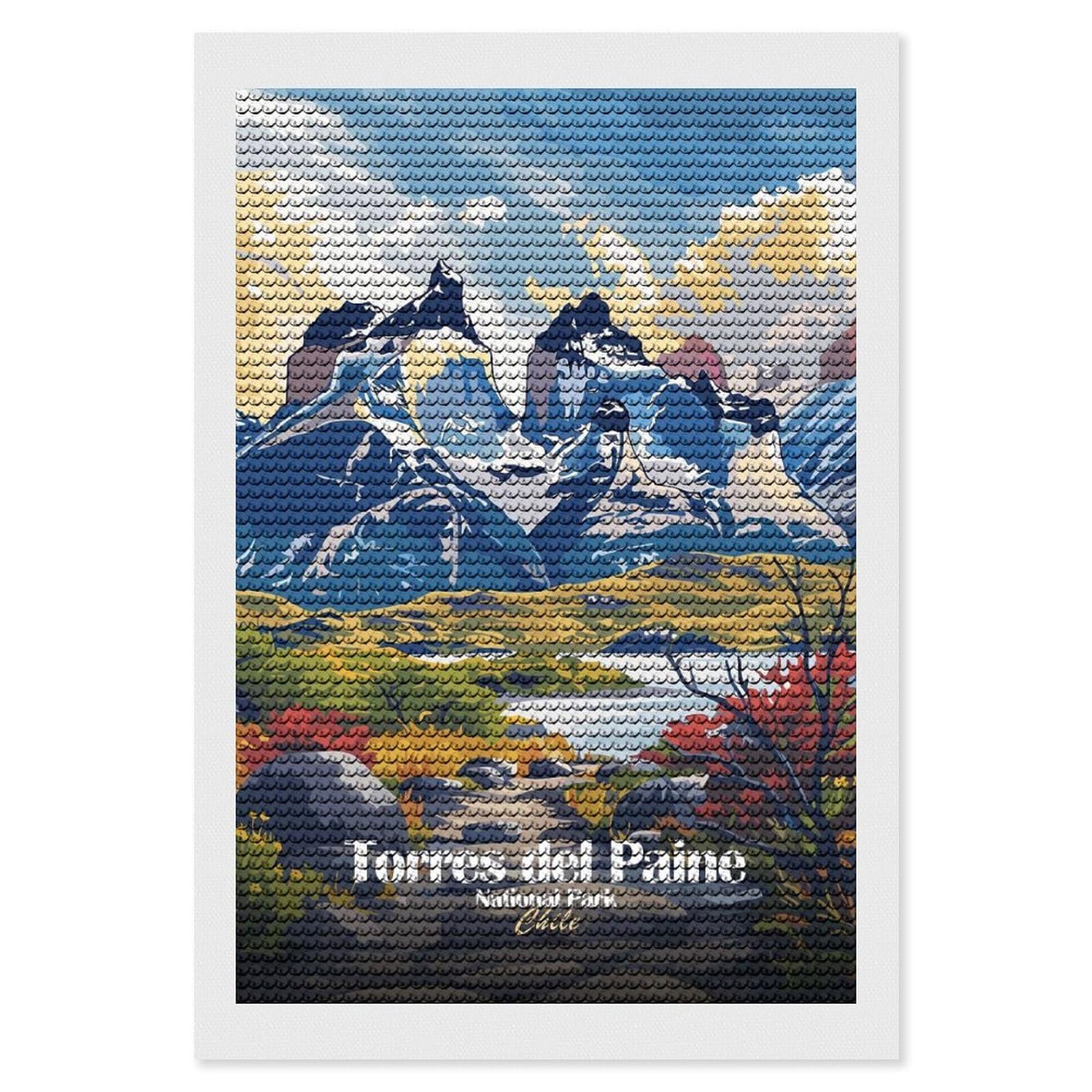 Junmoney Torres Del Paine National Park Chile Diamond Painting Canvas Kit 8"x12", Adhesive Canvas, Christmas Gift, Full Kit Included, Thoughtful Present