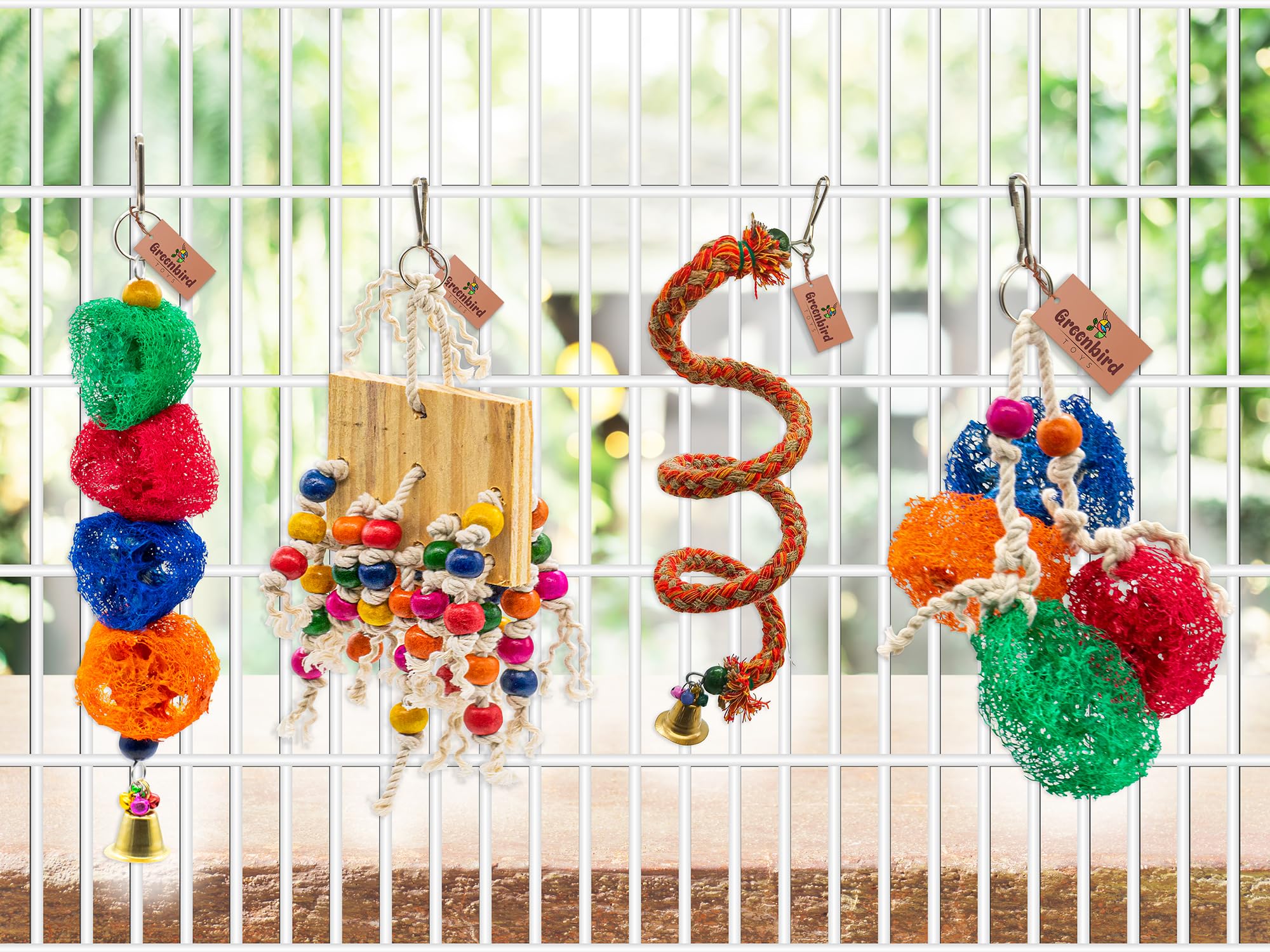 GREENBIRDS Combo Set of 2 Bird Mesh Hanging Toys, 1 Chewable Hanging Toy, and 1 Spiral Bird Chew Toy Cage Hanging Accessories for Pet Birds 1