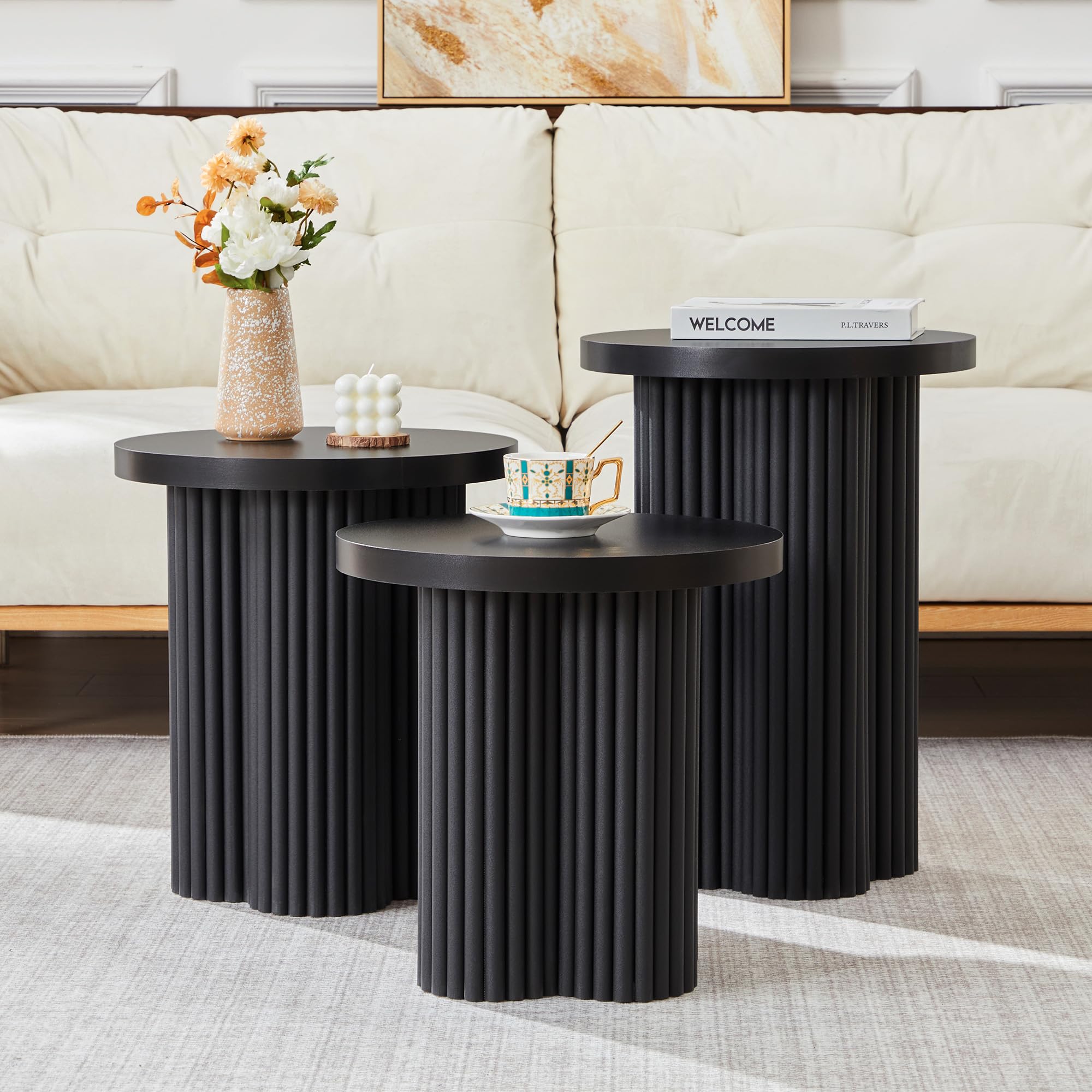 Round Nesting Coffee Table Set of 3 Fluted Coffee Table (Black)