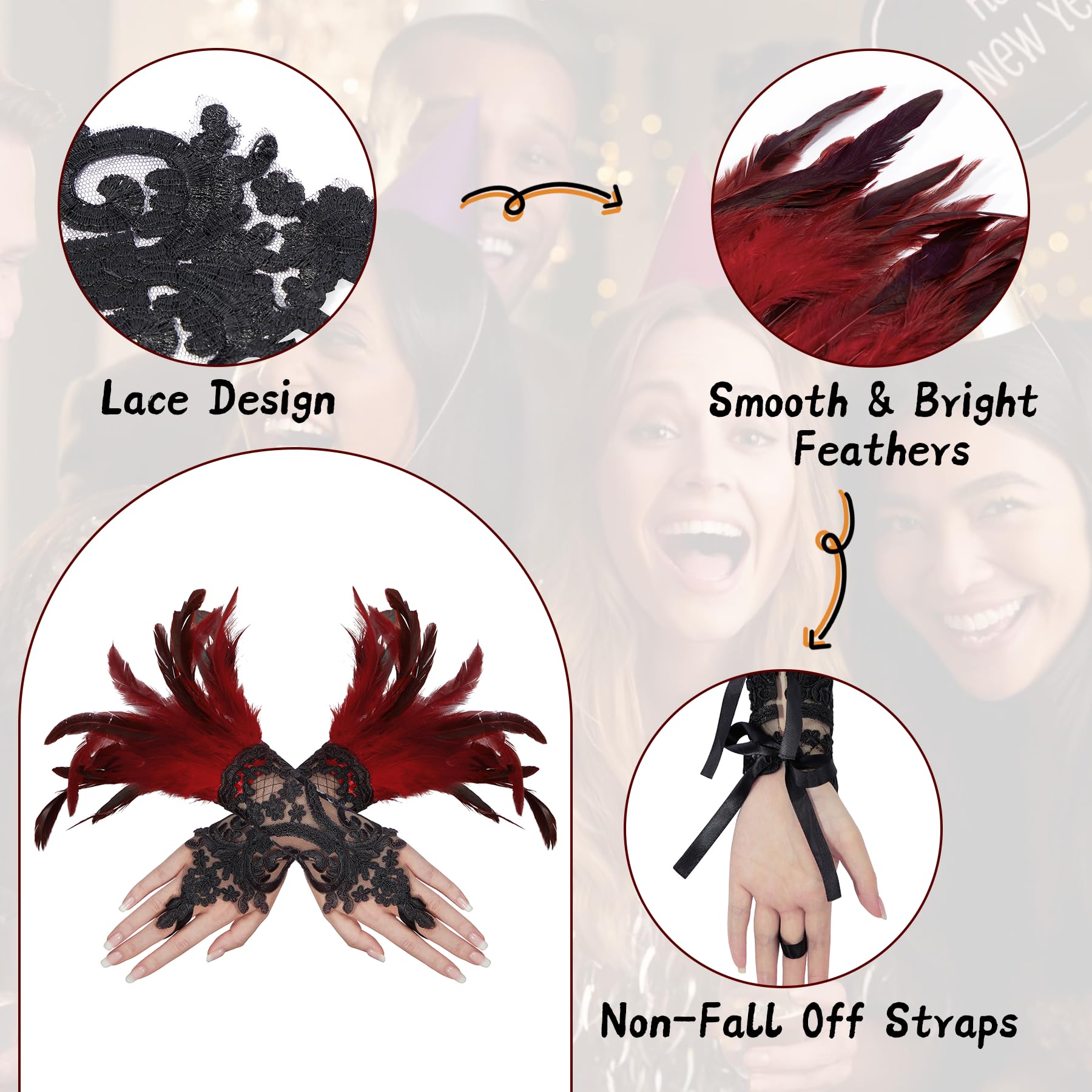 Zando Guanti lunghi da donna in pizzo con piume, guanti per costume di Halloween, gotici, senza dita, con polsini al polso, confezione da 2, Punk Nero, taglia unica