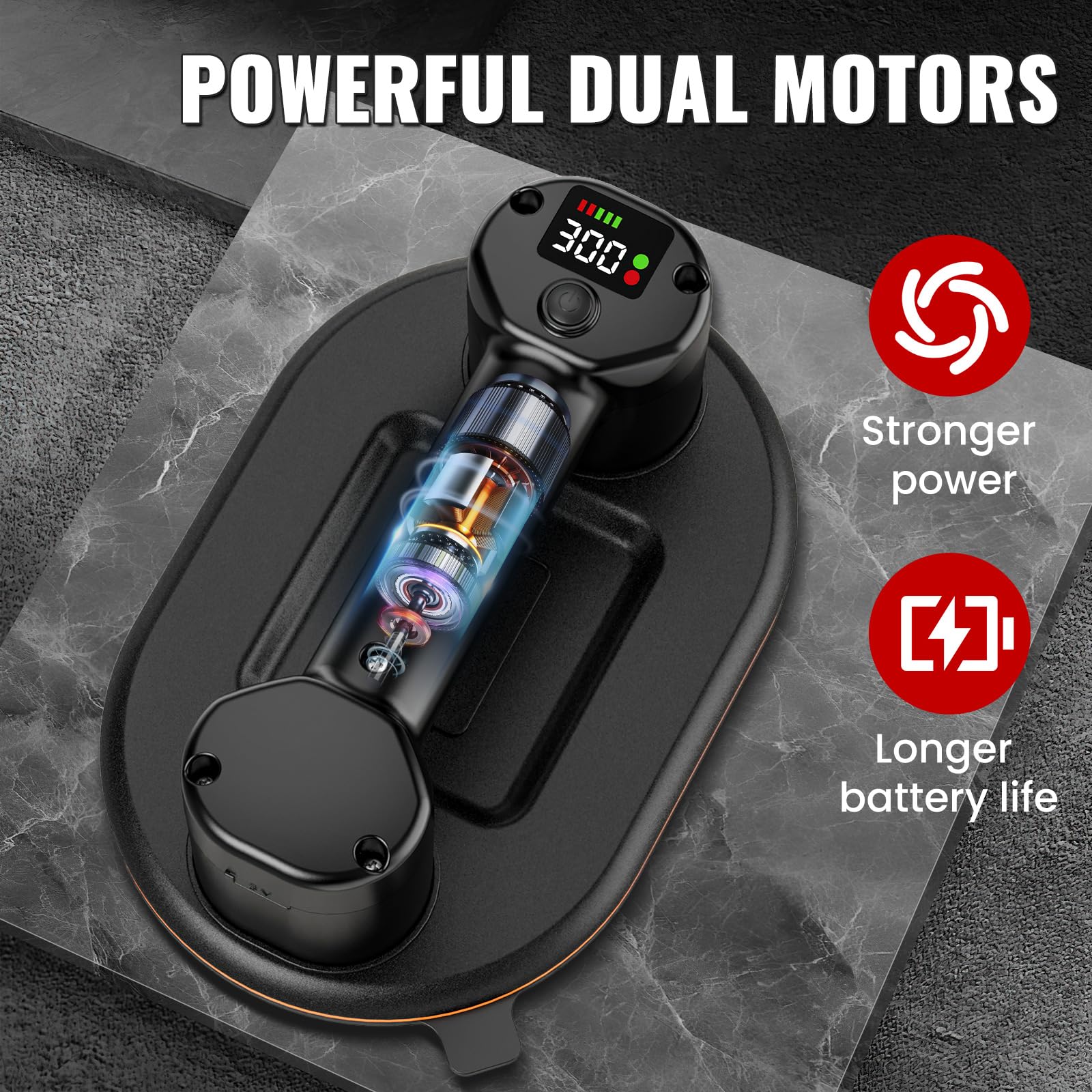 Ventosa Azulejo, Ventosa de Vacío Para Elevar Vidrio, Azulejos, Mármol, Ventosa Eléctrica de Azulejo con 3600 mAh Batería, Motores Duales, Cargas 300KG, Diámetro 24 cm, Pantalla LCD