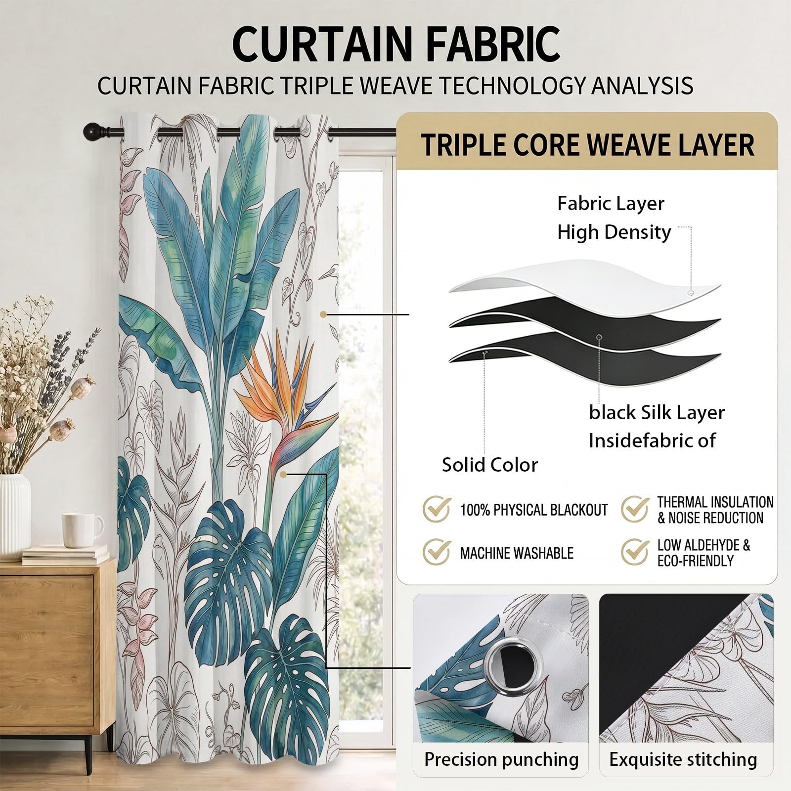 Rideau occultant à Motif de Monstera Tropicale, Plante Oiseau Rideaux œillets Isolation Thermique Traitements fenêtre à œillets pour Salle De Séjour, 70L X 240H cm (2 Panneaux), Vert Multicolore
