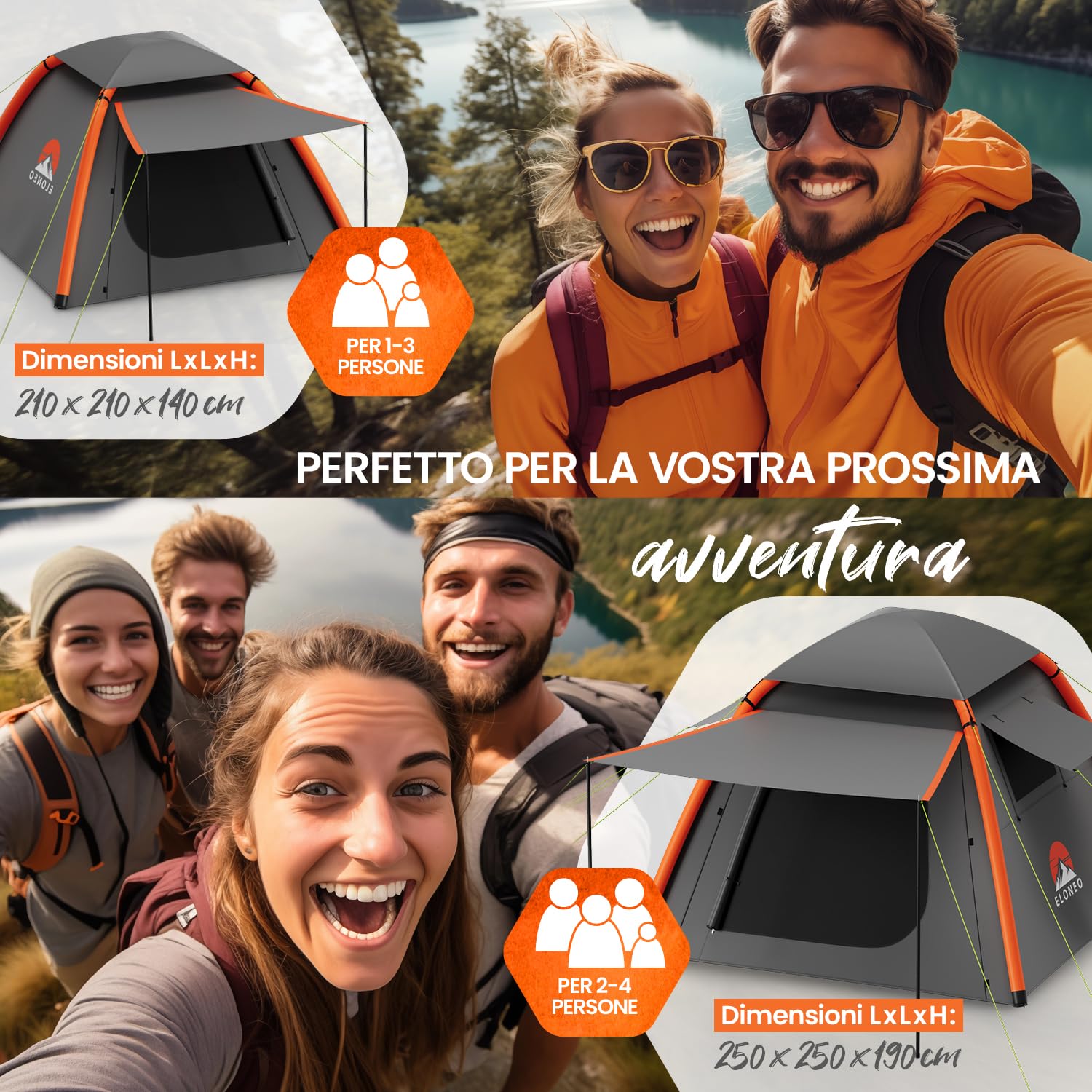 ELONEO Tenda gonfiabile con baldacchino e pompa d'aria, tenda da campeggio impermeabile, tenda ad aria ultraleggera, tenda gonfiabile, tenda glamping con luce LED gratuita