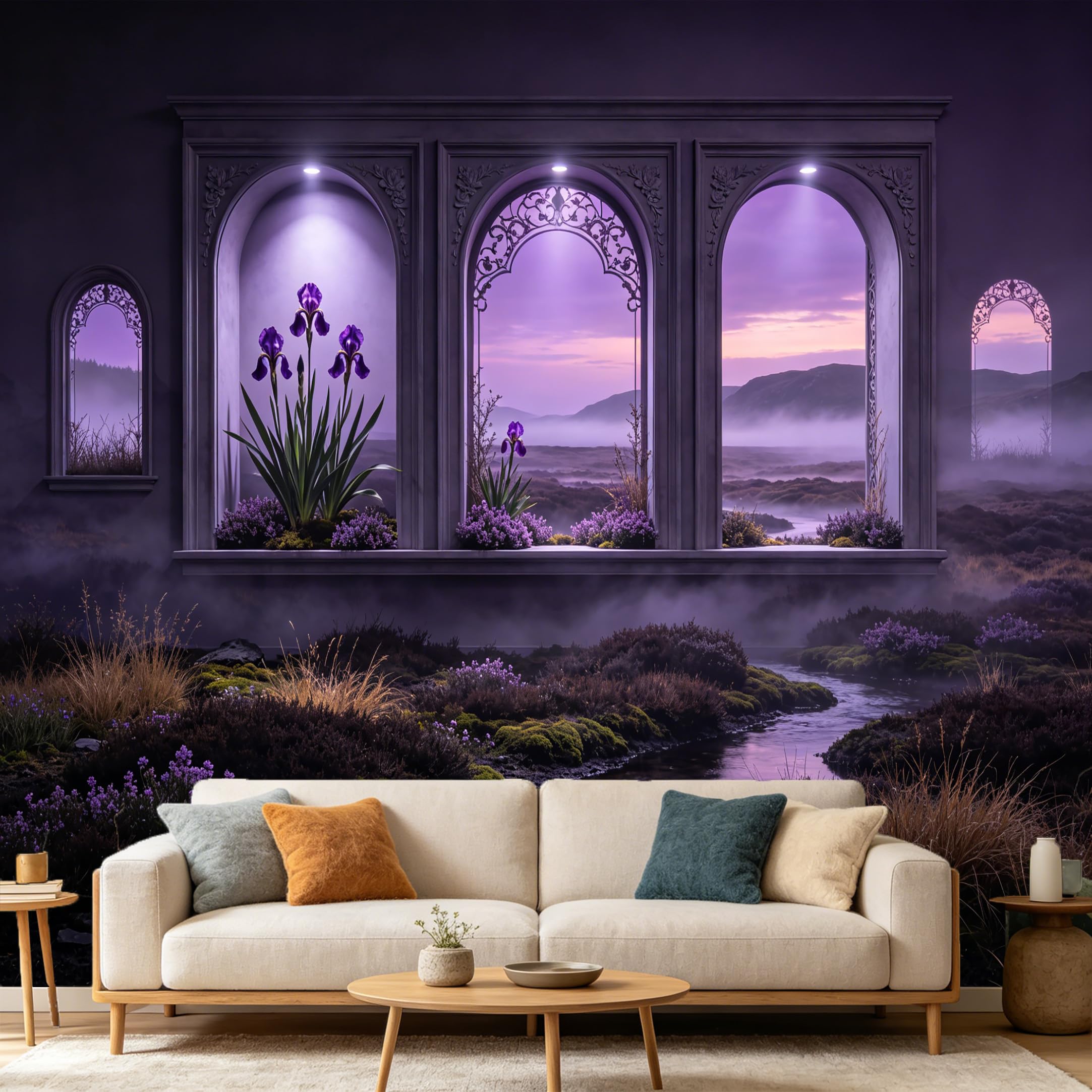 Custom Size Wall Mural， Purple Iris Flower Archway Landscape， 3D Trompe L'Oeil Scenic View， SelfAdhesive Art Prints wall Fabric Removable Large Wallpaper Home Living Room Decor